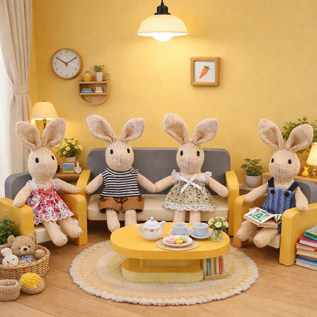 Handmade Rabbit Family Dolls Set of 4 with Removable Outfits & Bag, Realistic Dollhouse People Figures for Imaginative Play, Kids Room Decoration, Easter Bunny
