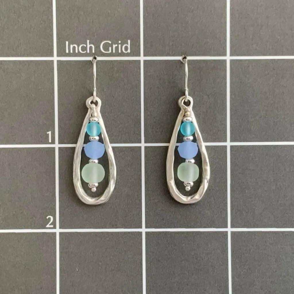 Ocean Breeze Antique Open Teardrop Dangle Earrings Sterling Silver Earwires Cultured Sea Glass Beads Frosted Soft Pastel Colors Blue Green Aqua Graduated Beading Boho Beach Jewelry for Women - Handmade Lifestyle Shop