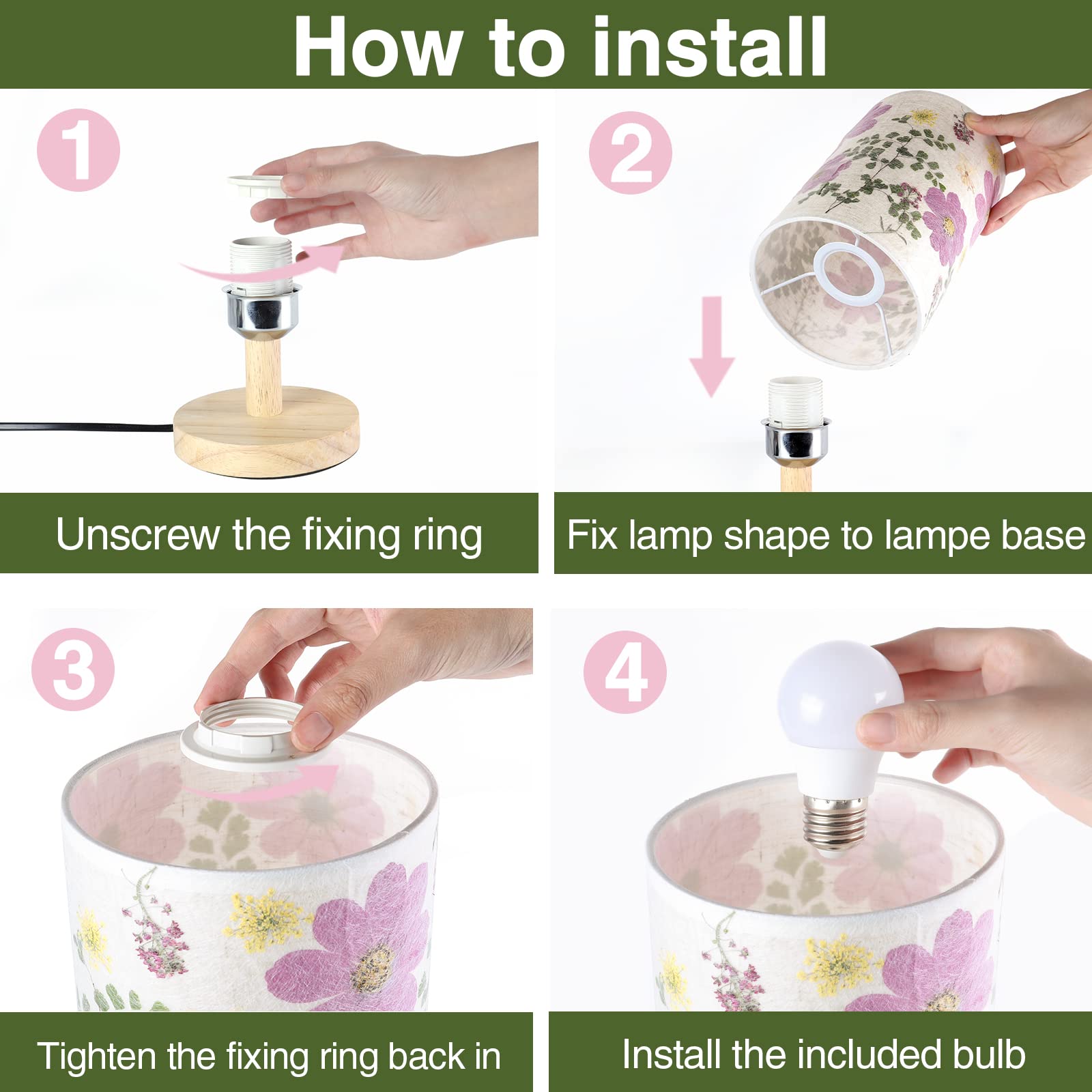 Dried Flowers Small Table Lamp 5W LED 3-Color Bedside Lamp Pressed Flowers Lampshade with Wood Base for Bedroom Living Room Desk Nursery