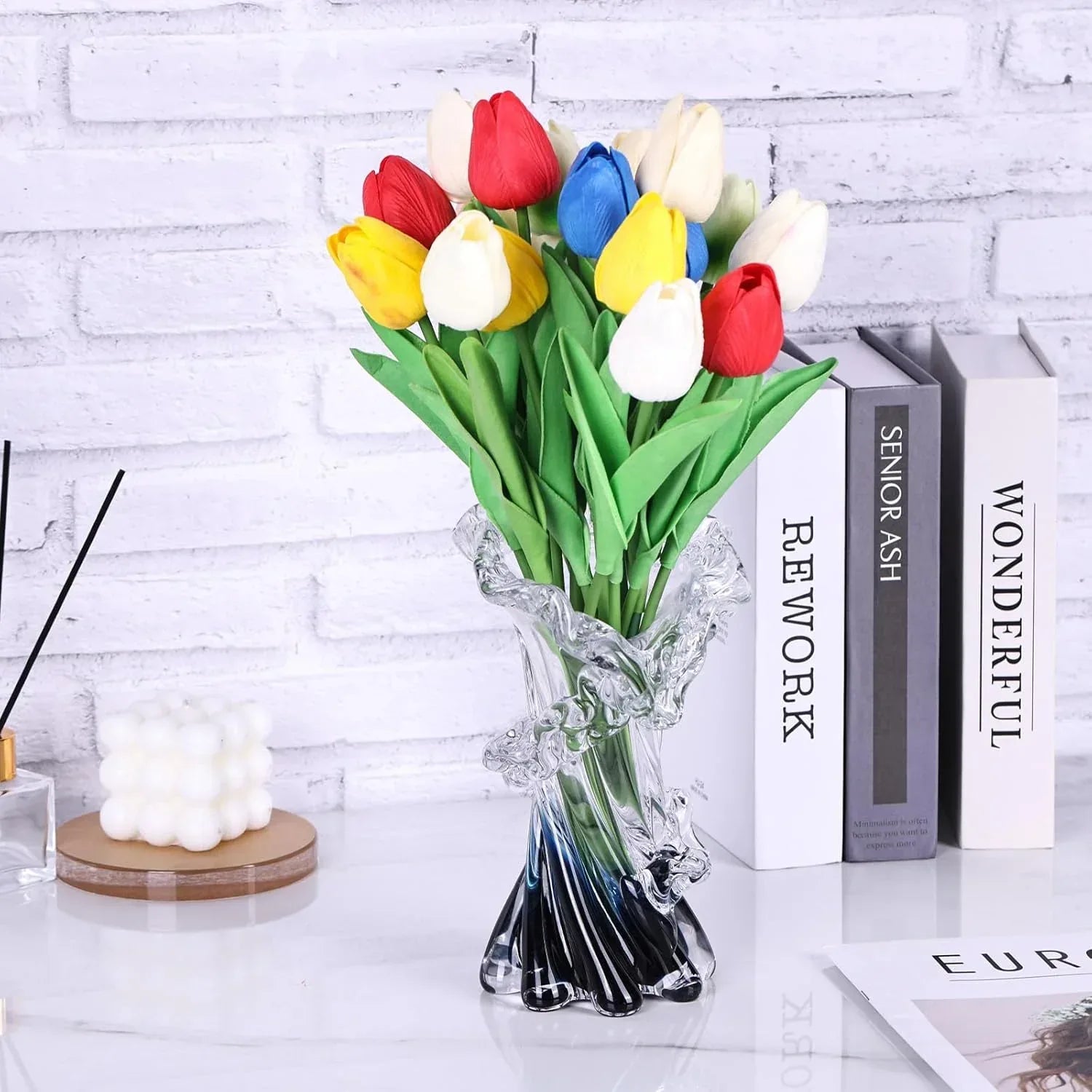 Hand Blown Blue Glass Vase, Unique Art Beautiful Ocean Glass Vase for Home Centerpiece, Coffee Table, Living Room, Office Decor - 8" H - Handmade Lifestyle Shop