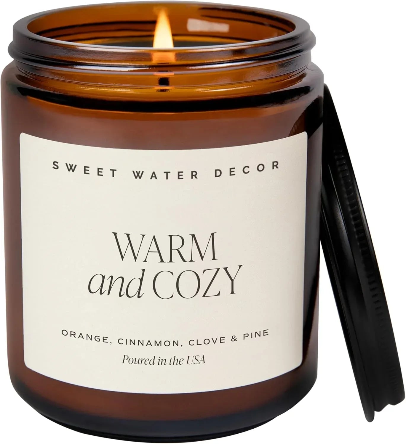 Sweet Water Decor Warm and Cozy Soy Candle - Orange Peel, Cinnamon, Ginger and Clove Scented Candles for Home - 9oz Amber Jar + Black Lid, 40+ Hour Burn Time, Made in The USA - Handmade Lifestyle Shop