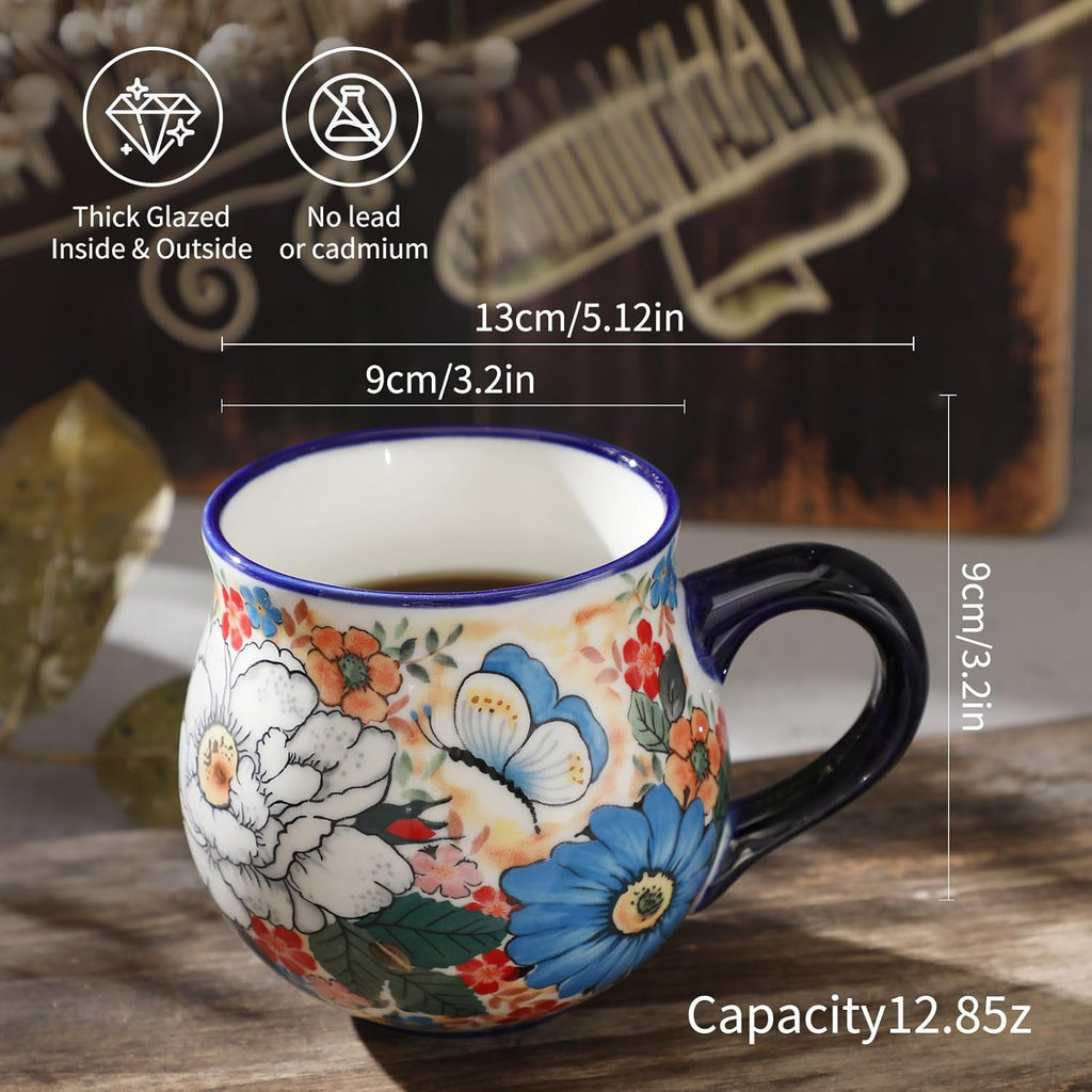 ALMA 12oz Handpainted Microwave Safe Coffee Mug, Unique Ceramic Tea Mug For Girl Friend,Mother, Woman(Assorted Flowers,Medium)