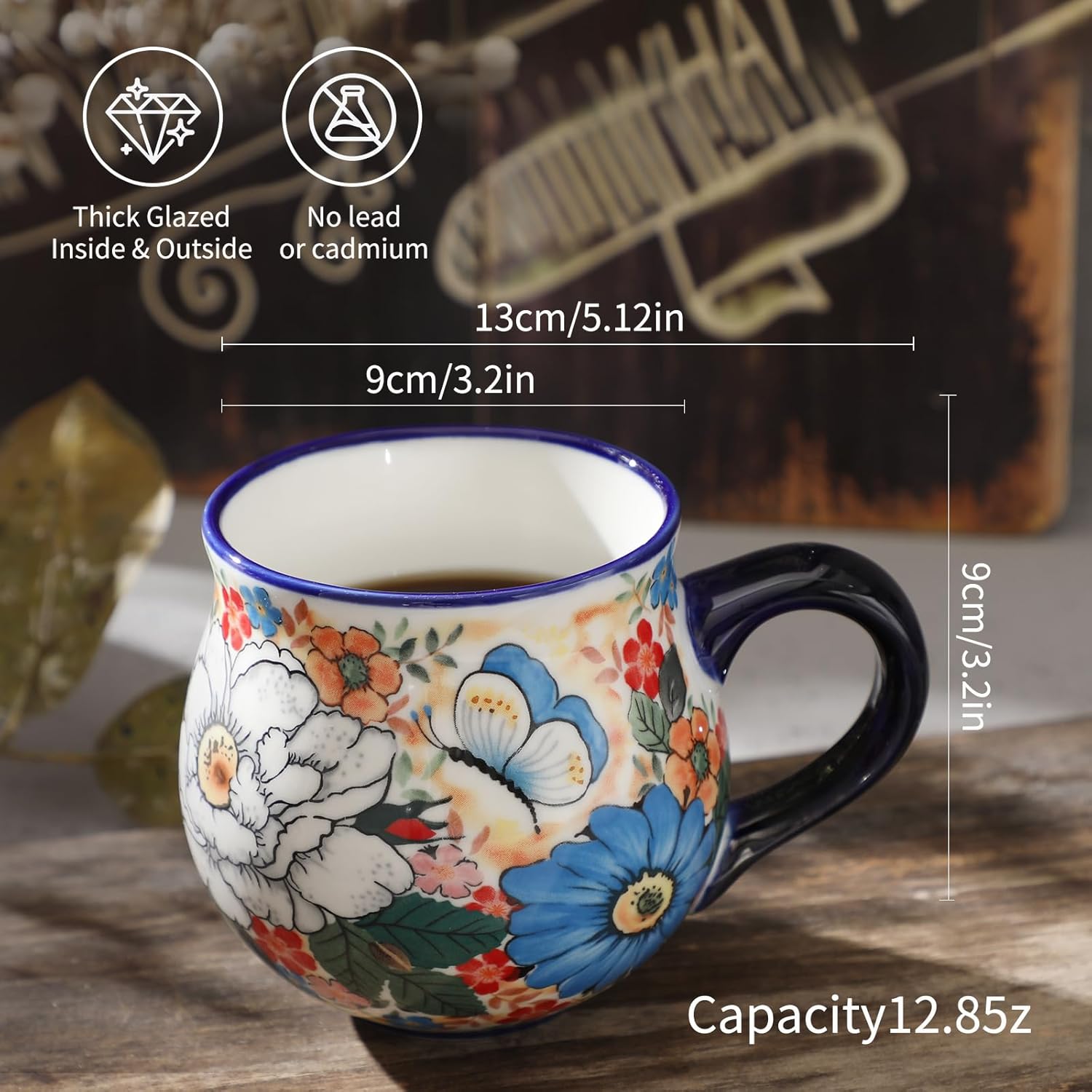 ALMA 12oz Handpainted Microwave Safe Coffee Mug, Unique Ceramic Tea Mug For Girl Friend,Mother, Woman(Assorted Flowers,Medium)