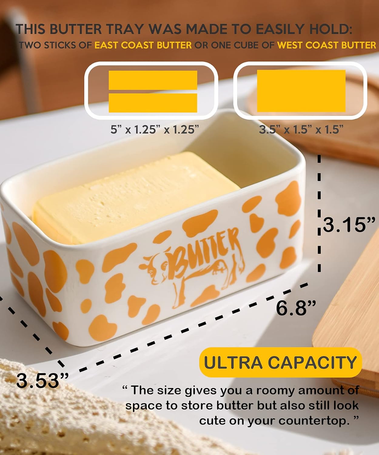 Butter Dish with Lid, Butter Dish with Lid for Countertop, White Butter Keeper Holds Up to 2 Sticks - Butter Holder and Container (Black butter me up, Large)