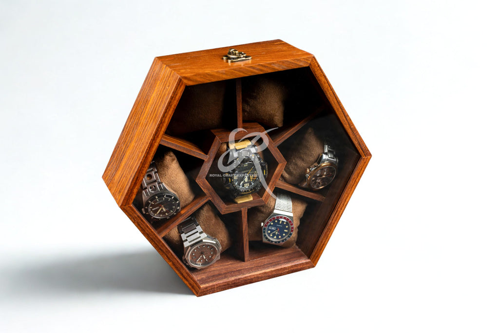 Premium 7-Slot Wooden Timepiece Display Case – Handcrafted Honeycomb Watch Box for Men in Superior Indian Rosewood | Hinged Glass Cover – Father’s Day Gift – Luxury Built to Last
