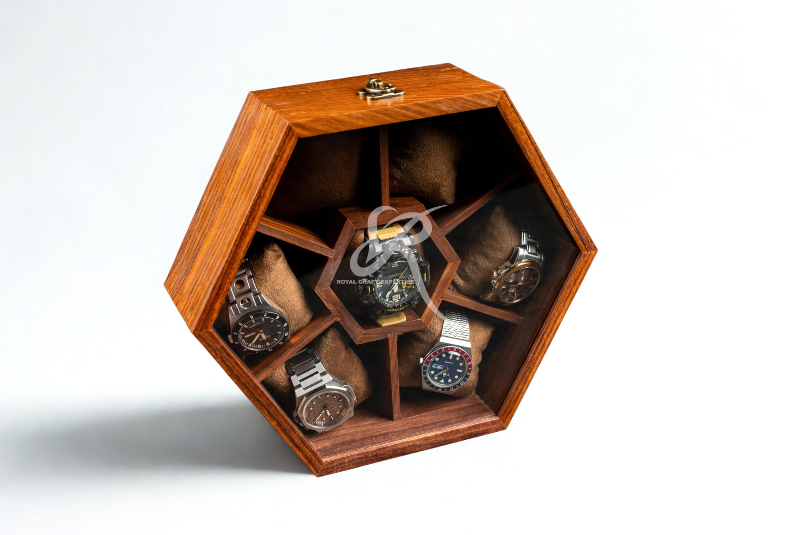 Premium 7-Slot Wooden Timepiece Display Case – Handcrafted Honeycomb Watch Box for Men in Superior Indian Rosewood | Hinged Glass Cover – Father’s Day Gift – Luxury Built to Last