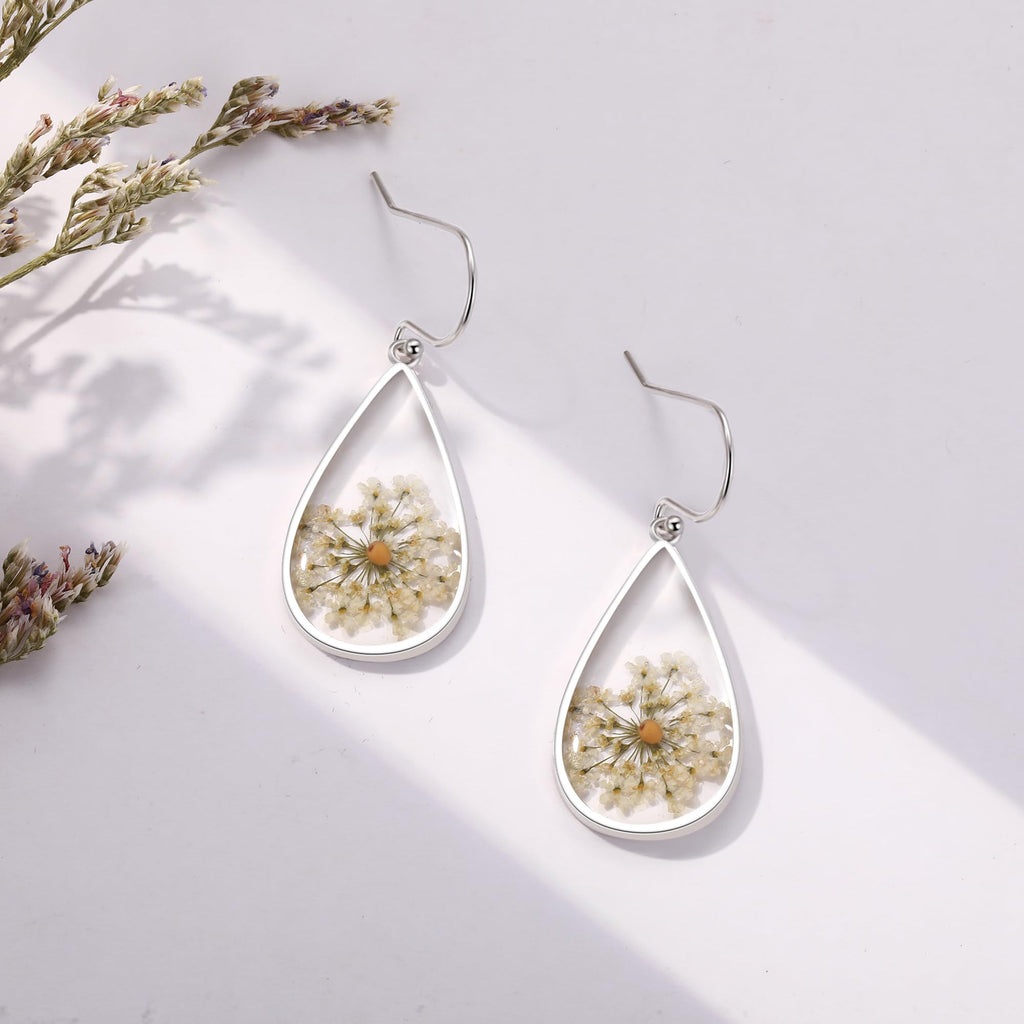 Forget-Me-Not and Queen Anne's Lace Pressed Wildflower Earrings | Pressed Flower Earrings | Handmade Drop and Dangle Earrings | Gift for Woman