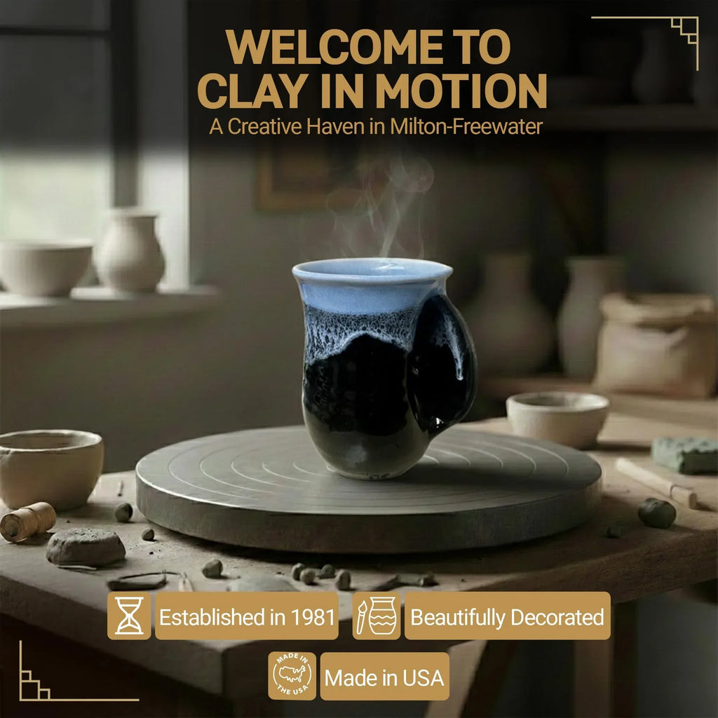 Clay in Motion Hand Warmer Coffee Mug – Handmade Coffee Mug With Comfortable Handle Contoured Pocket Hand Warming Ceramic Coffee Mug – Proudly Made in USA – Right Handed – 14 Oz - Island Oasis - Handmade Lifestyle Shop