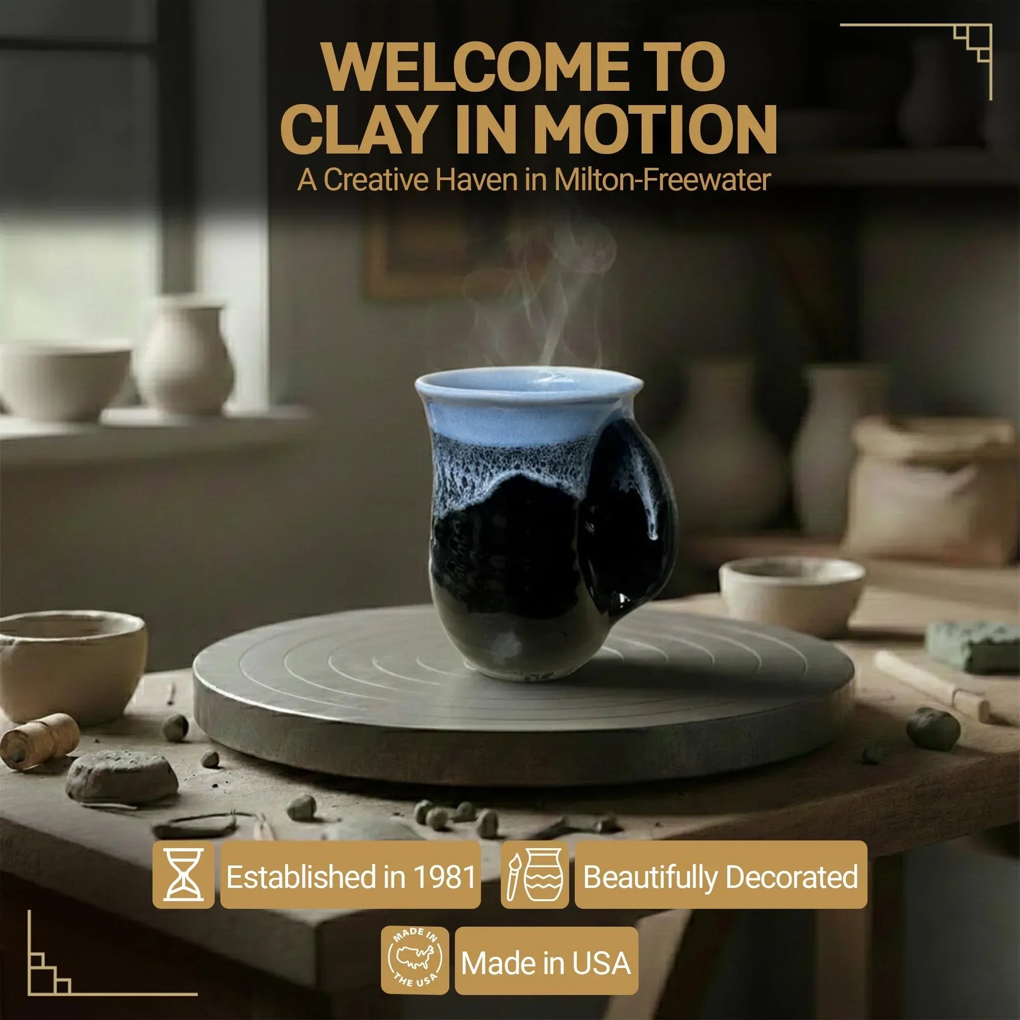 Clay in Motion Hand Warmer Coffee Mug – Handmade Coffee Mug With Comfortable Handle Contoured Pocket Hand Warming Ceramic Coffee Mug – Proudly Made in USA – Right Handed – 14 Oz - Island Oasis - Handmade Lifestyle Shop