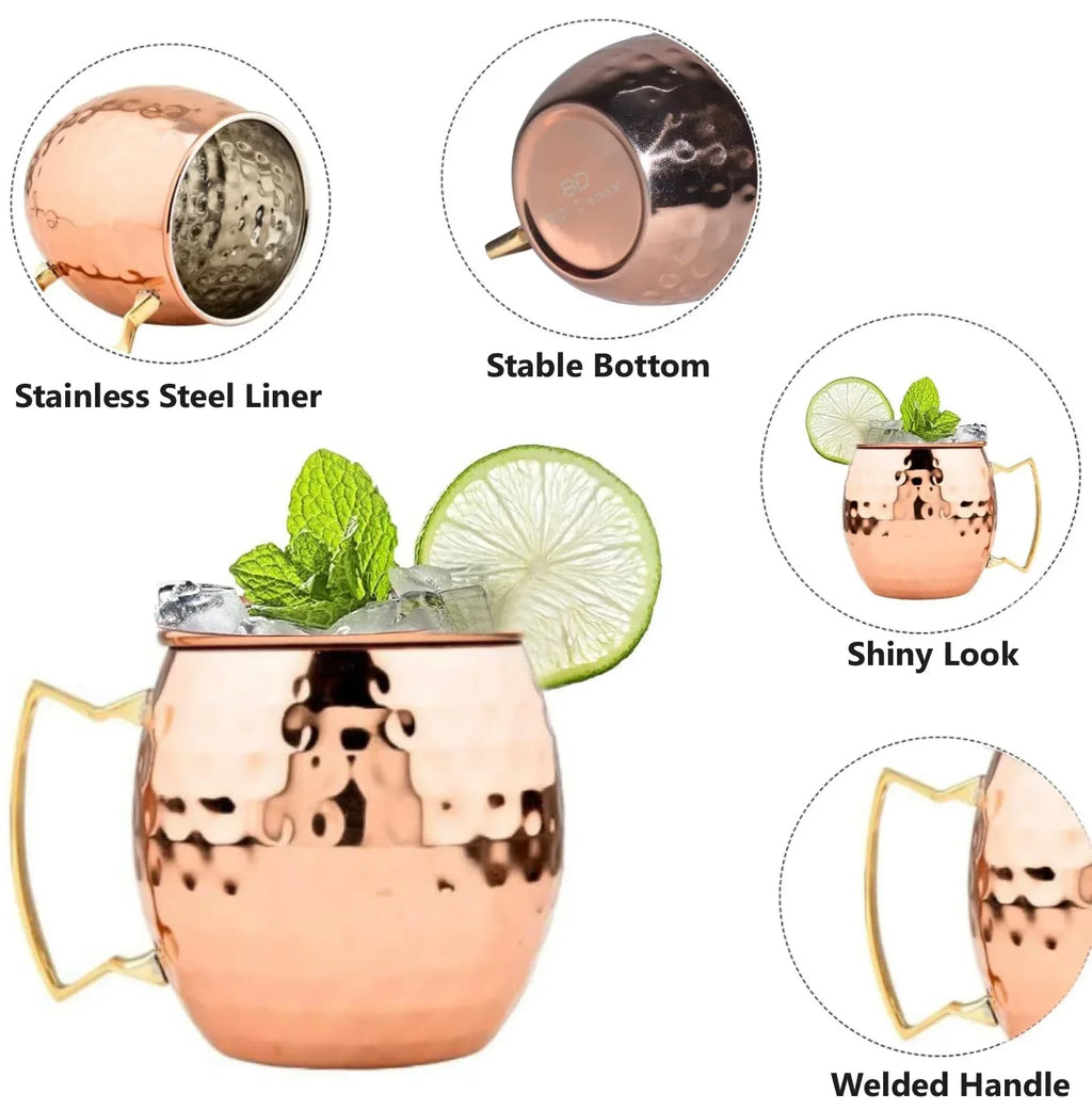BOLD & DIVINE Moscow Mule Copper Mugs - Set of 2, 100% HANDCRAFTED - Food Safe Pure Copper Solid Mugs - 16 oz Gift Set with Premium Quality Cocktail Straws & Shot Glass! - Handmade Lifestyle Shop