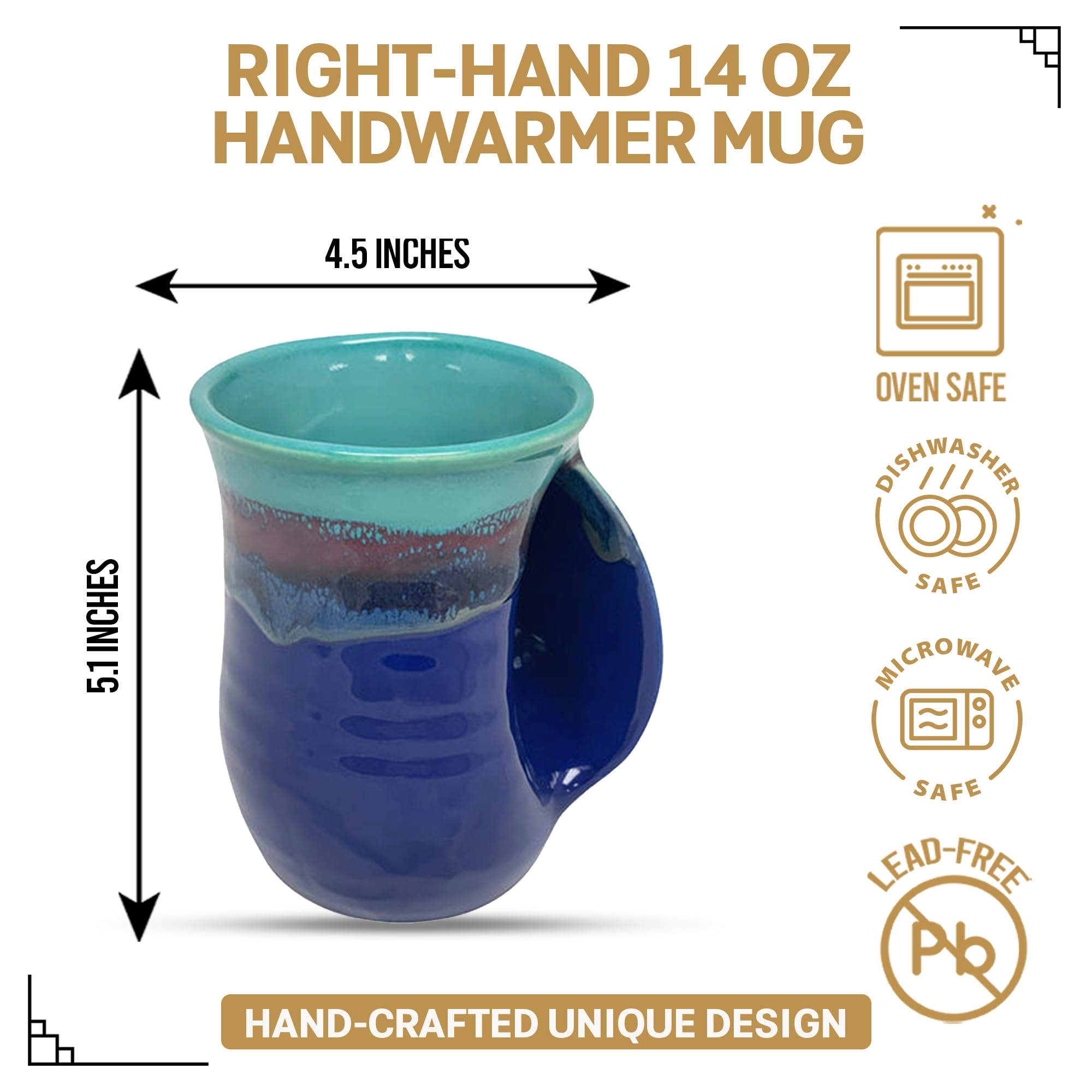 Clay in Motion Hand Warmer Coffee Mug – Handmade Coffee Mug With Comfortable Handle Contoured Pocket Hand Warming Ceramic Coffee Mug – Proudly Made in USA – Right Handed – 14 Oz - Island Oasis