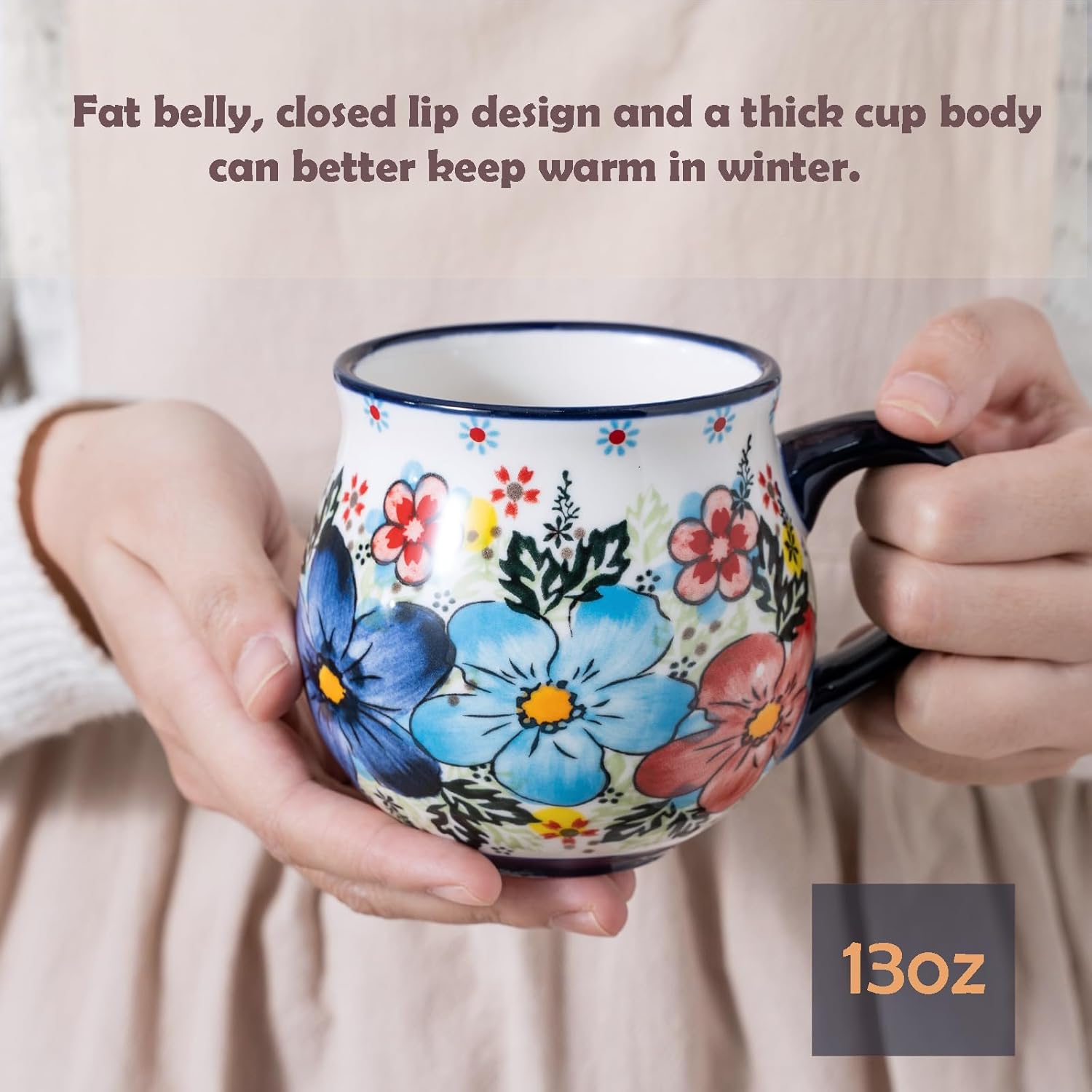 ALMA 12oz Handpainted Microwave Safe Coffee Mug, Unique Ceramic Tea Mug For Girl Friend,Mother, Woman(Assorted Flowers,Medium)