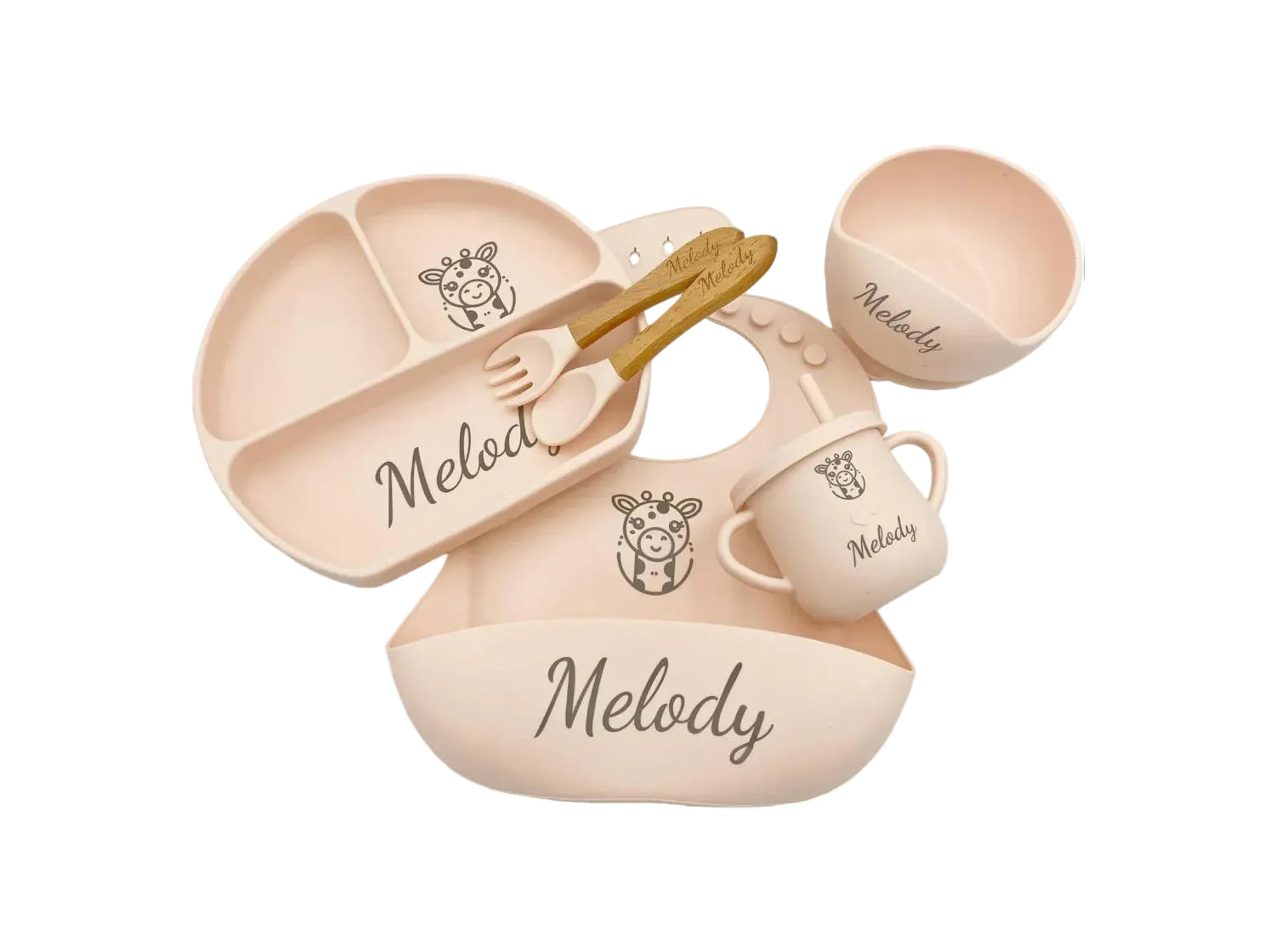 Personalized Name Food Grade 6pcs Baby Feeding Set with Spoon, Fork,Silicone Suction Bowls,Cup,Plate,and bib BPA Free - First Stage Self Feed (Color Muted Deep Pink Y19) - Handmade Lifestyle Shop