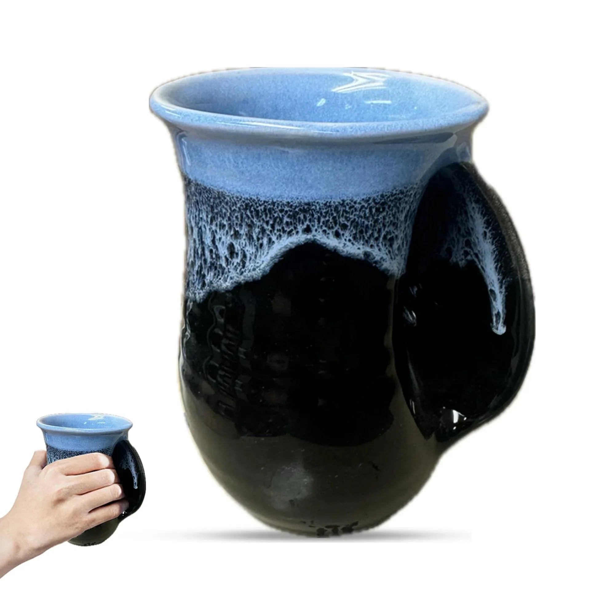 Clay in Motion Hand Warmer Coffee Mug – Handmade Coffee Mug With Comfortable Handle Contoured Pocket Hand Warming Ceramic Coffee Mug – Proudly Made in USA – Right Handed – 14 Oz - Island Oasis - Handmade Lifestyle Shop