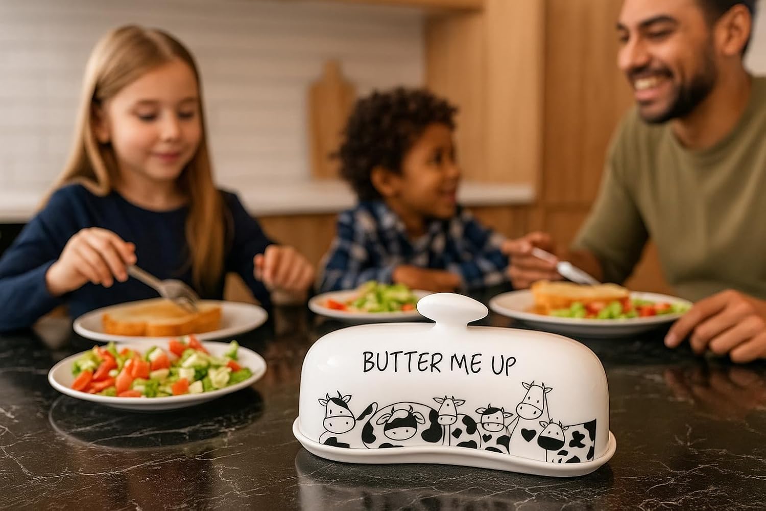 Butter Dish with Lid, Butter Dish with Lid for Countertop, White Butter Keeper Holds Up to 2 Sticks - Butter Holder and Container (Black butter me up, Large)
