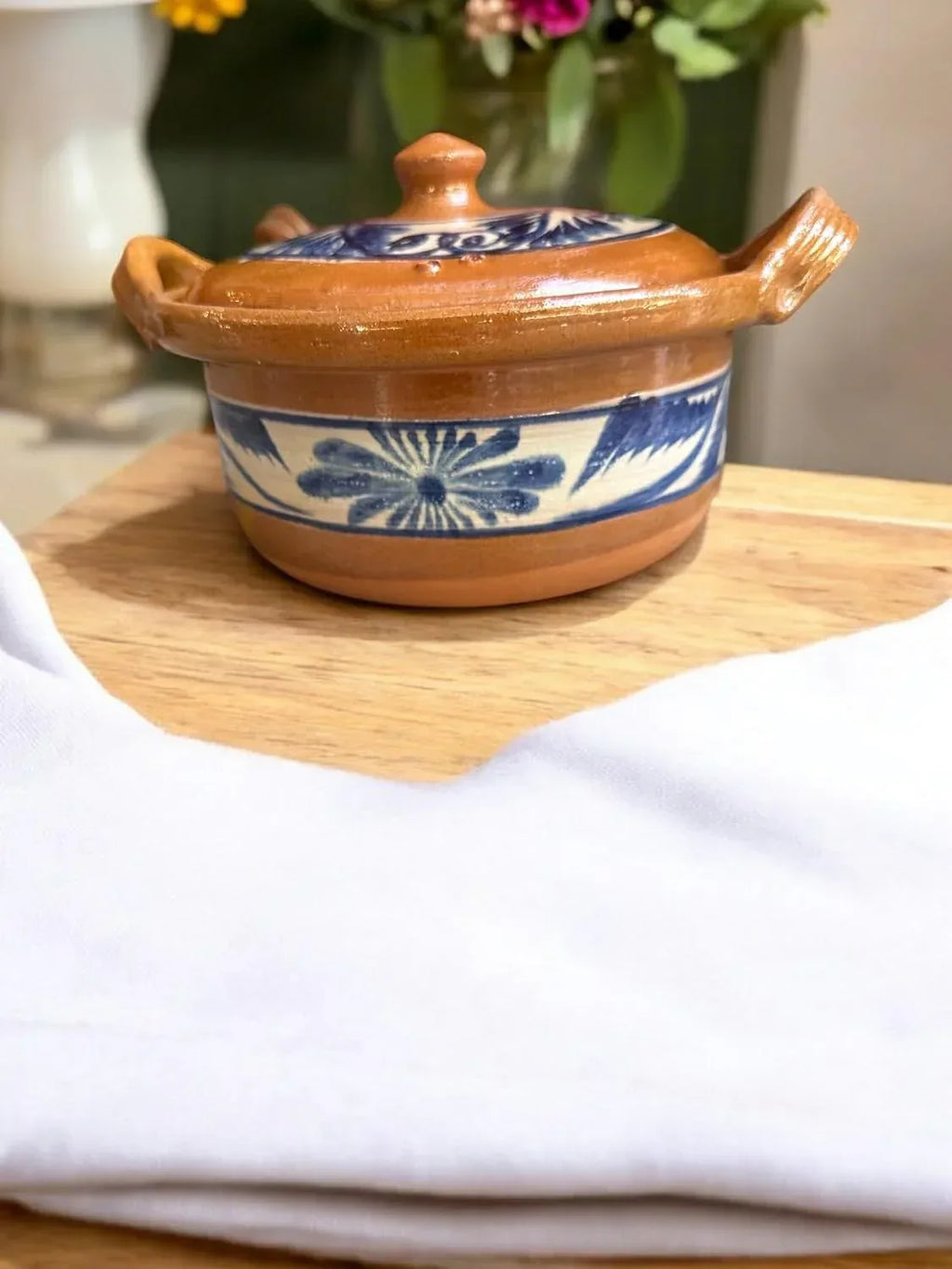 Traditional Mexican Barro Bean and Chili Pot – Handcrafted Clay Pot, 10 Inches Wide, Stovetop & Oven Safe, with Blue Accents – Perfect for Cooking and Serving - Handmade Lifestyle Shop