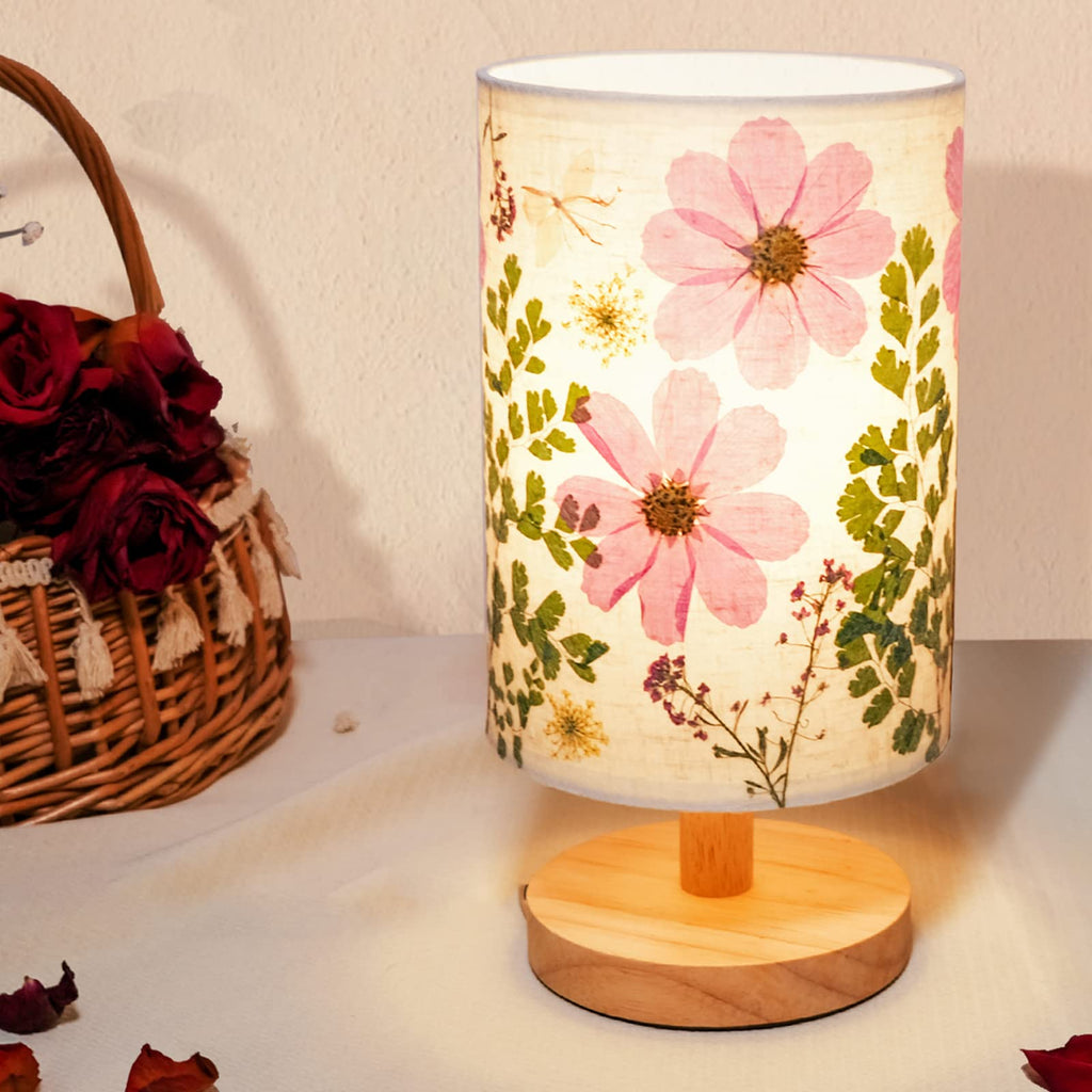 Dried Flowers Small Table Lamp 5W LED 3-Color Bedside Lamp Pressed Flowers Lampshade with Wood Base for Bedroom Living Room Desk Nursery