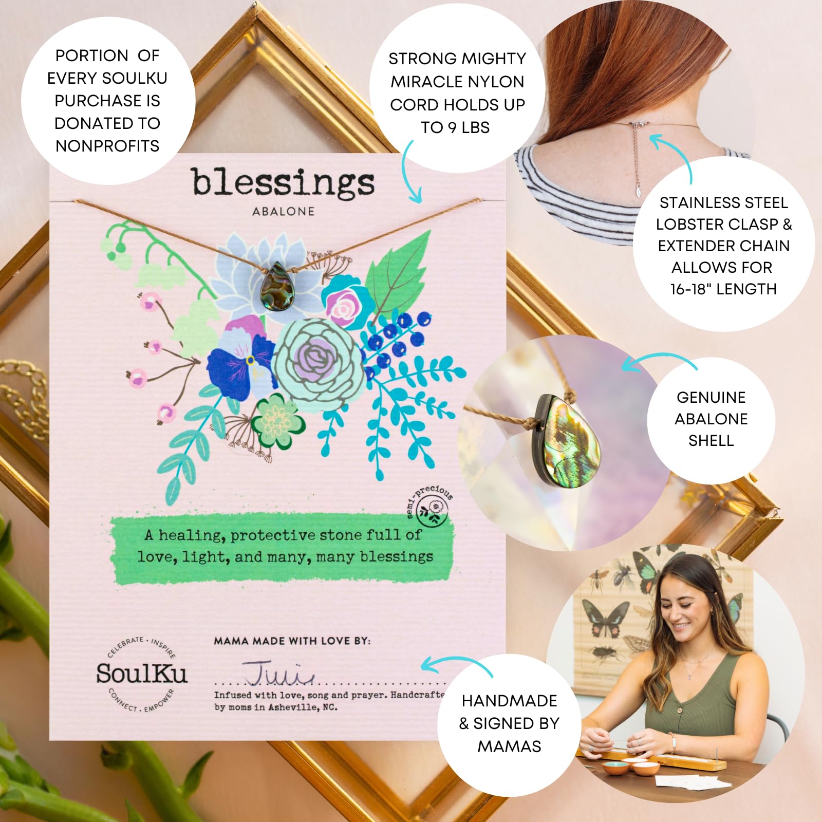 SoulKu Handcrafted Necklace, Empowerment Jewelry With Healing Crystal, Inspirational Jewelry For Women, Mom & Sister Gifts, 2" Extender With Lobster Clasp, 16" Nylon Cord