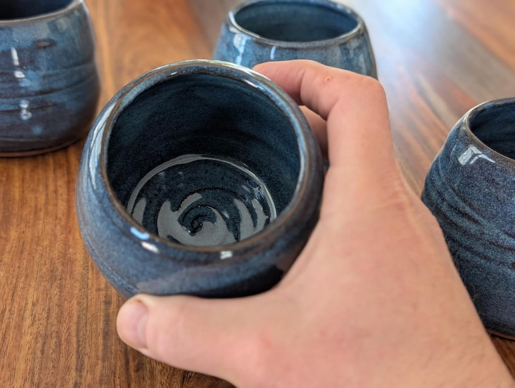 Hand Thrown Pottery Stemless Wine Glass in Slate Blue Handmade in North Carolina