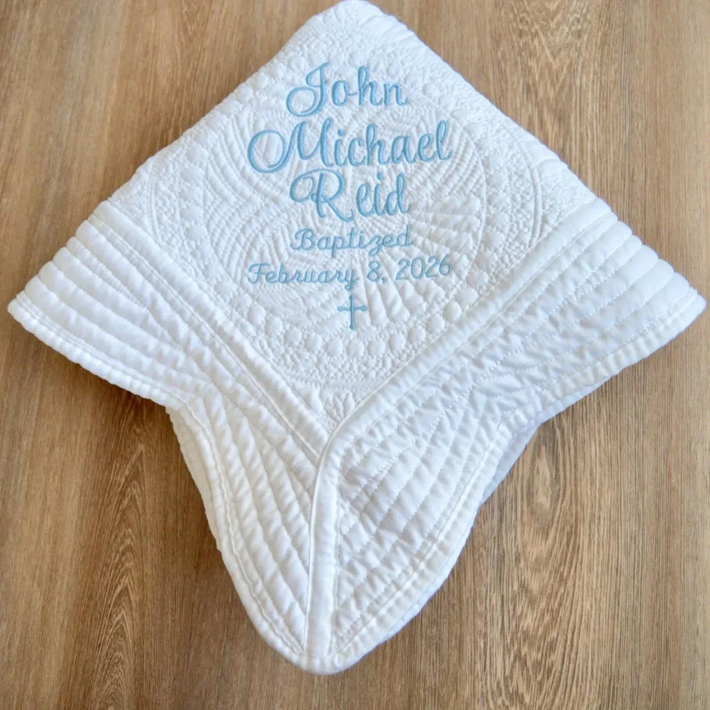 Personalized Baby Blanket Baptism Cotton Quilt Girl Boy Gift Embroidered Name Date Custom Monogrammed Grandparent Christian Gift Customized - Handmade Lifestyle Shop