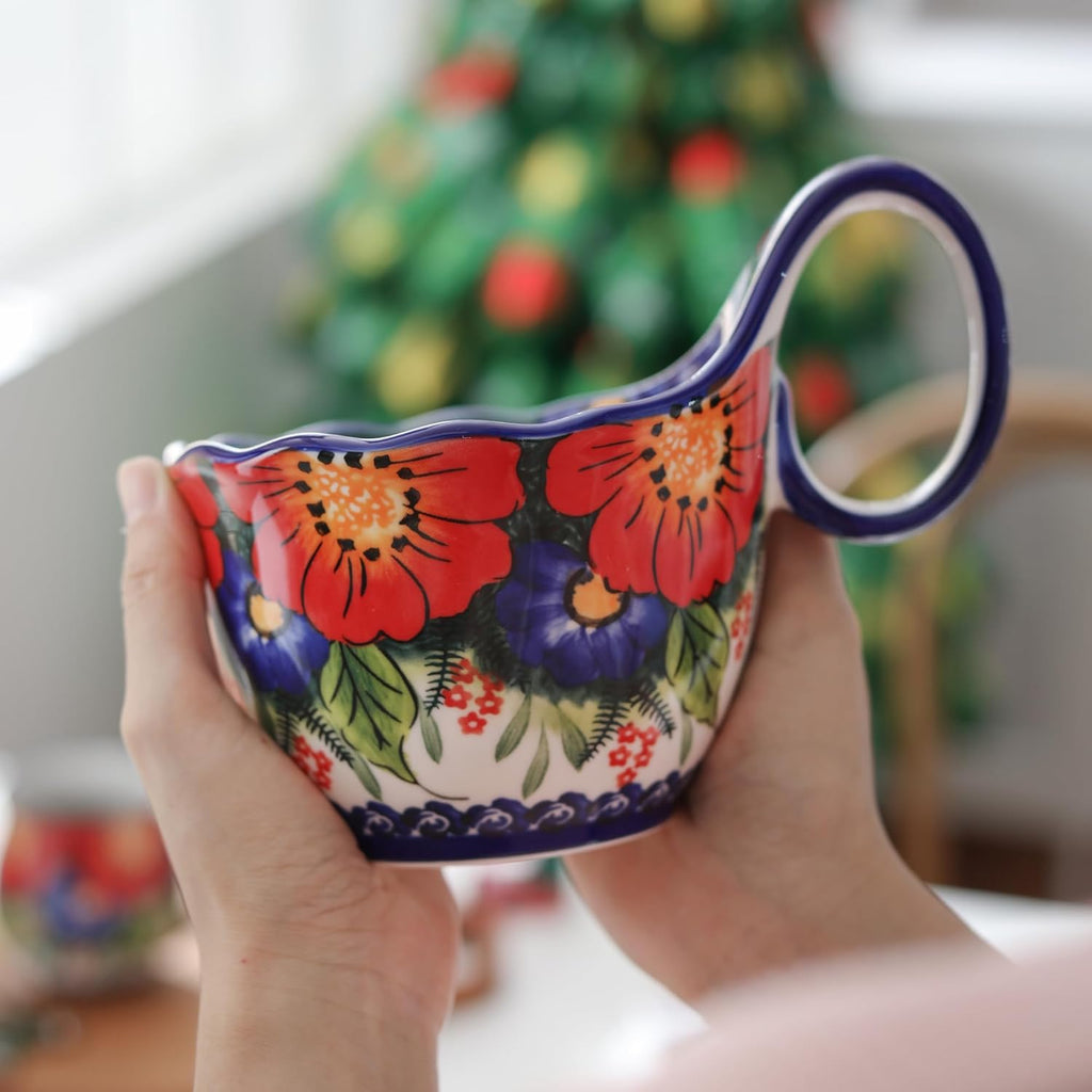 ALMA Handpainted Soup Bowl with Handle, 18.6oz Ceramic Cereal Bowl, Microwave &Dishwasher Safe,Loop Handle Bowl Great for Soup, Chili, Stew, Ice cream