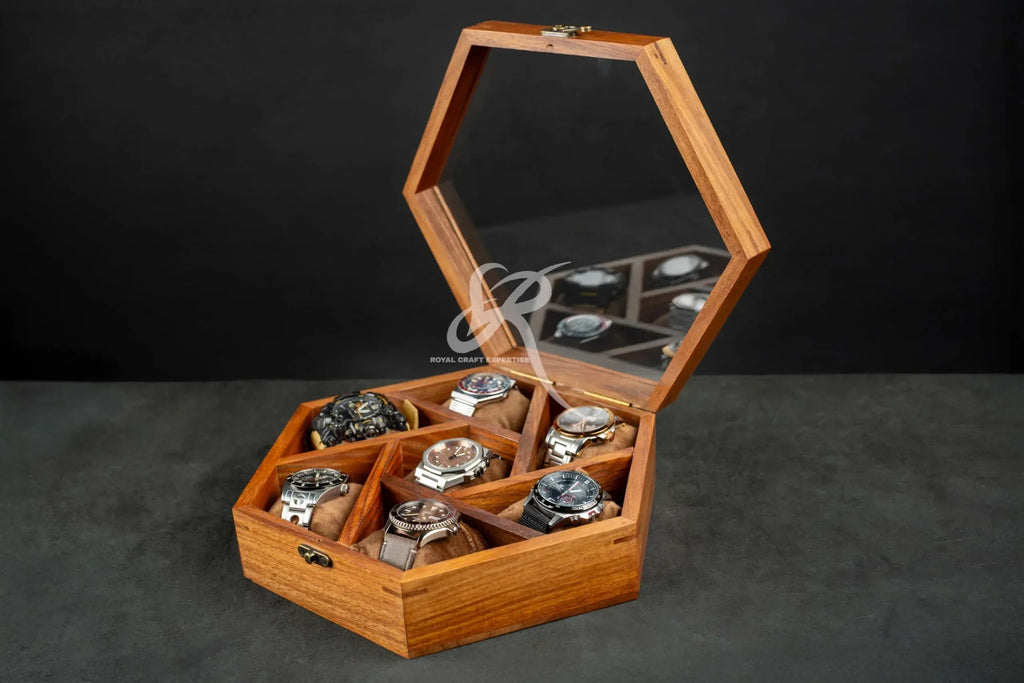 Premium 7-Slot Wooden Timepiece Display Case – Handcrafted Honeycomb Watch Box for Men in Superior Indian Rosewood | Hinged Glass Cover – Father’s Day Gift – Luxury Built to Last - Handmade Lifestyle Shop