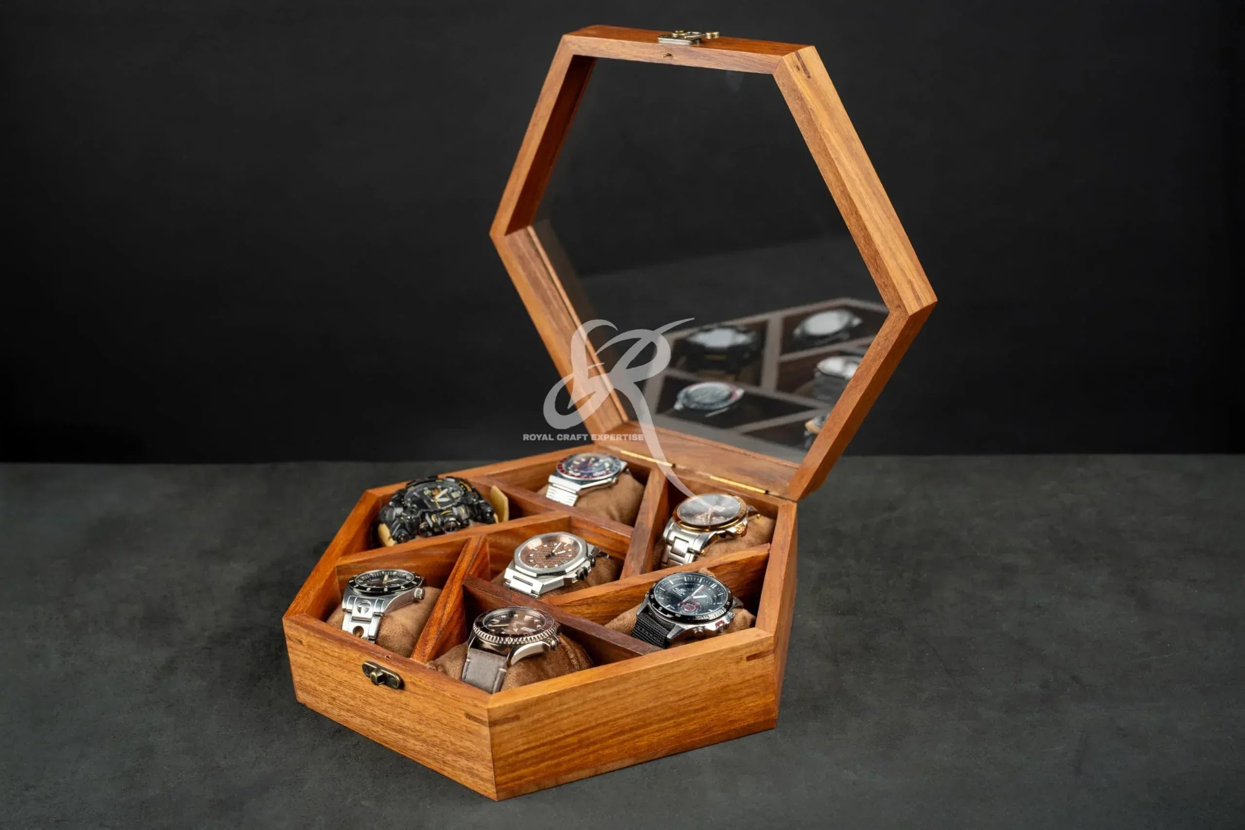 Premium 7-Slot Wooden Timepiece Display Case – Handcrafted Honeycomb Watch Box for Men in Superior Indian Rosewood | Hinged Glass Cover – Father’s Day Gift – Luxury Built to Last - Handmade Lifestyle Shop