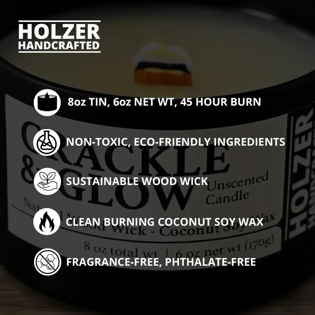 Unscented Candle Wood Wick | Fragrance-Free | Coconut Soy Candles in Black Tin | Clean Burn, Subtle Crackling Wooden Wick | Handpoured in USA by Holzer Handcrafted | 45 Hour Burn Time, 1 Candle - Handmade Lifestyle Shop