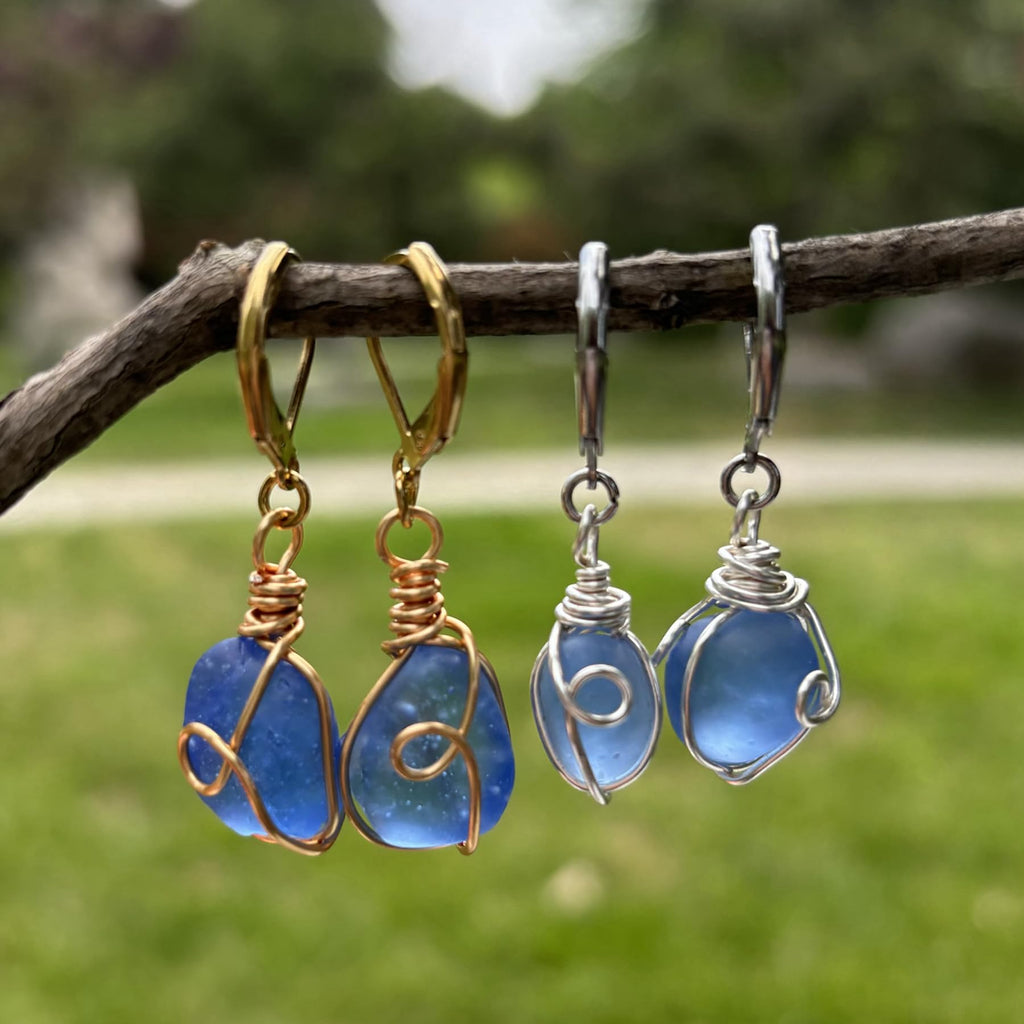 Handmade Sea Glass Wire Wrap Drop Earrings Jewelry ，Beach Earrings, Summer Gift, Ocean Jewelry Inspirational Gifts for Women, Mom, Sister