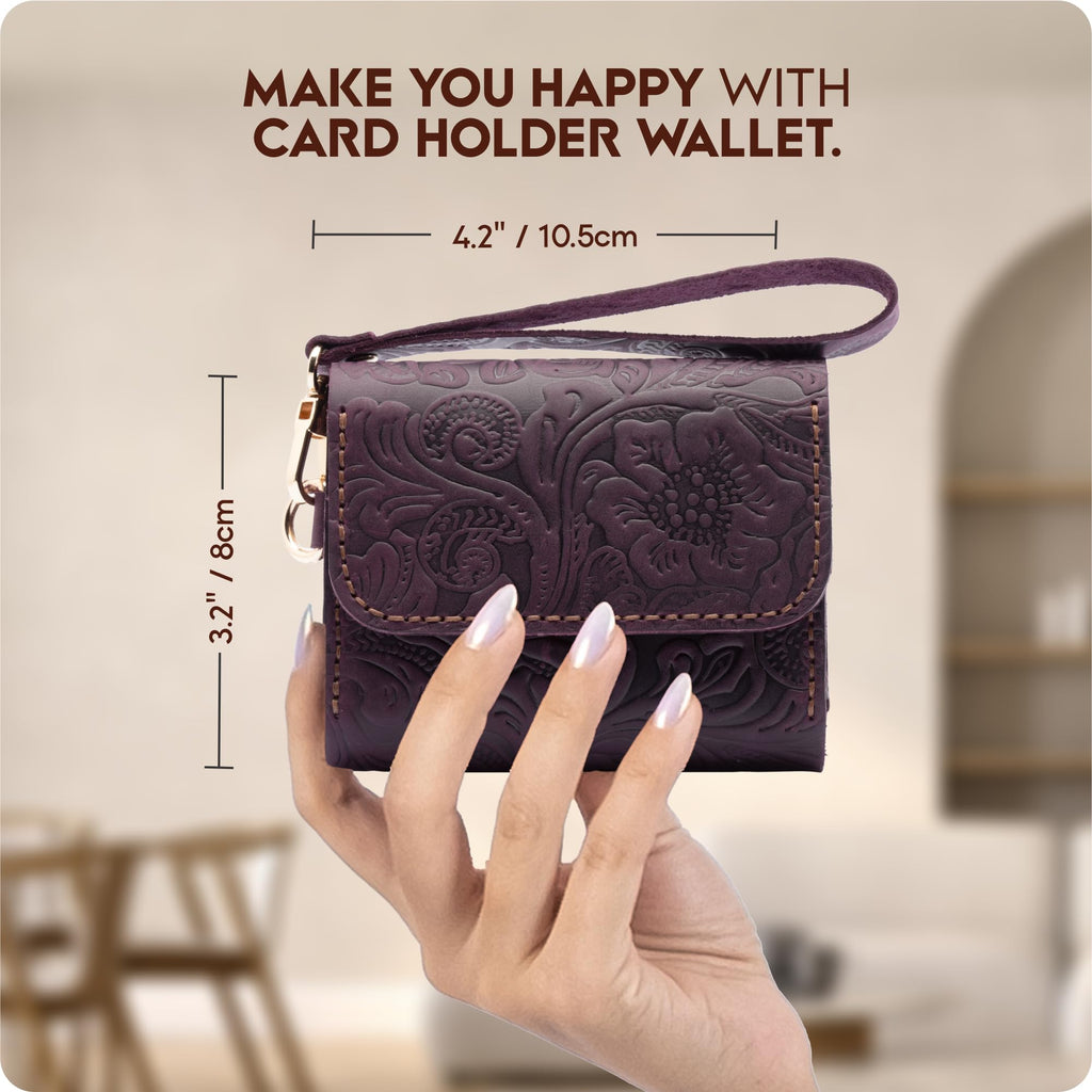 Toros Craft Handmade Wristlet Wallets for Women, Western Floral Leather Small Credit Card Holder with Zipper, Minimalist & Cute Coin Pouch, Genuine Leather, Dark Brown