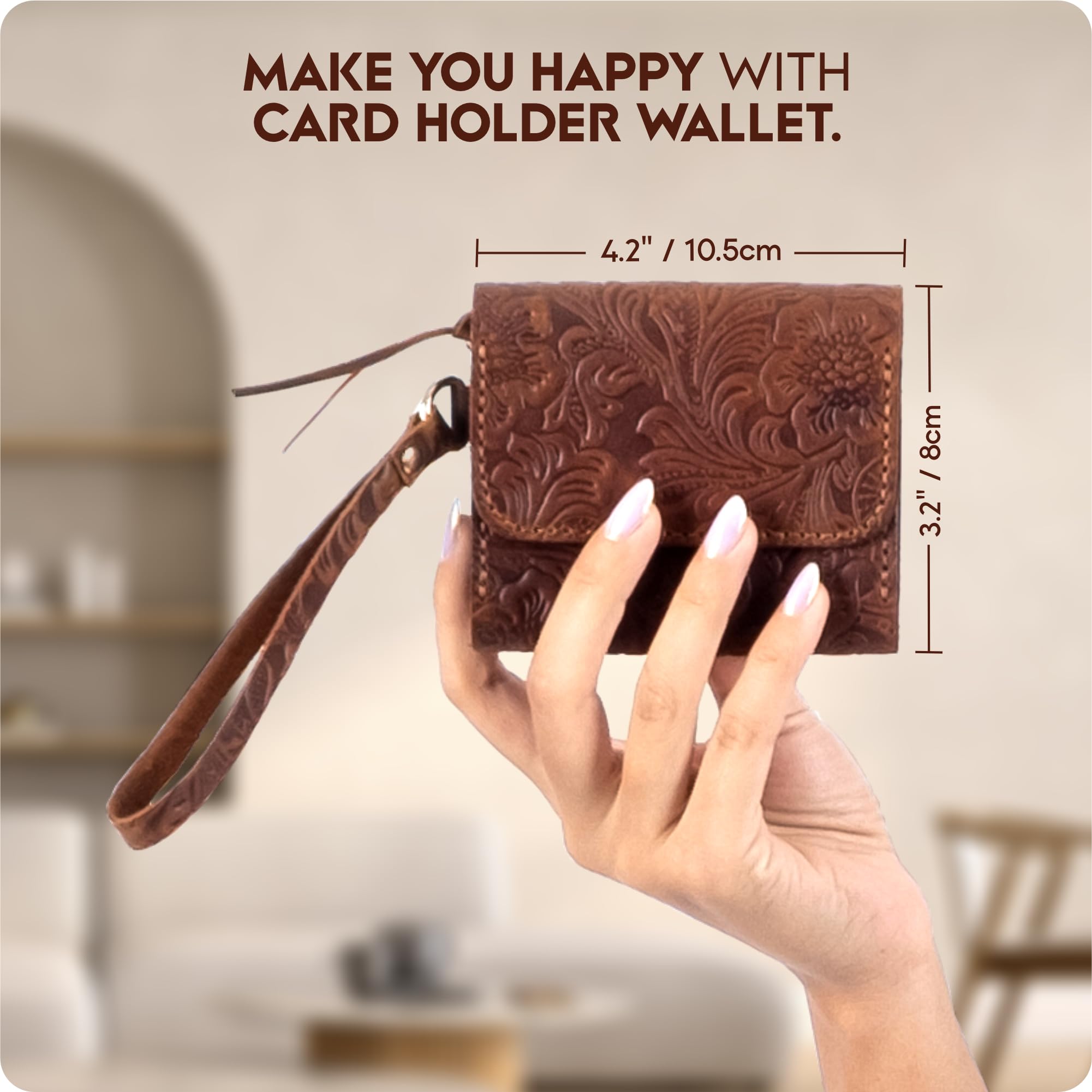 Toros Craft Handmade Wristlet Wallets for Women, Western Floral Leather Small Credit Card Holder with Zipper, Minimalist & Cute Coin Pouch, Genuine Leather, Dark Brown