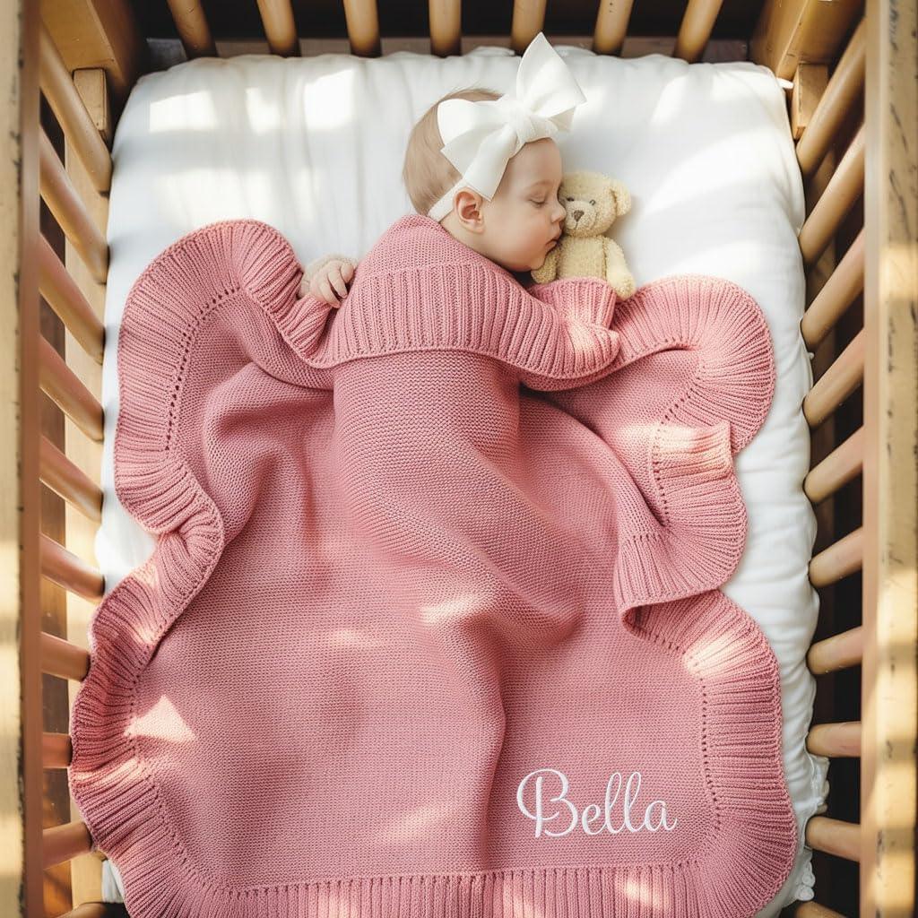 Nonnie Personalized Baby Blanket with Name - Custom Embroidered Knitted Ruffled Blanket for Newborn, 30x40 inch, Customized Gift for Newborn Boys Girls on Birthday, Baby Shower, Christmas - Handmade Lifestyle Shop