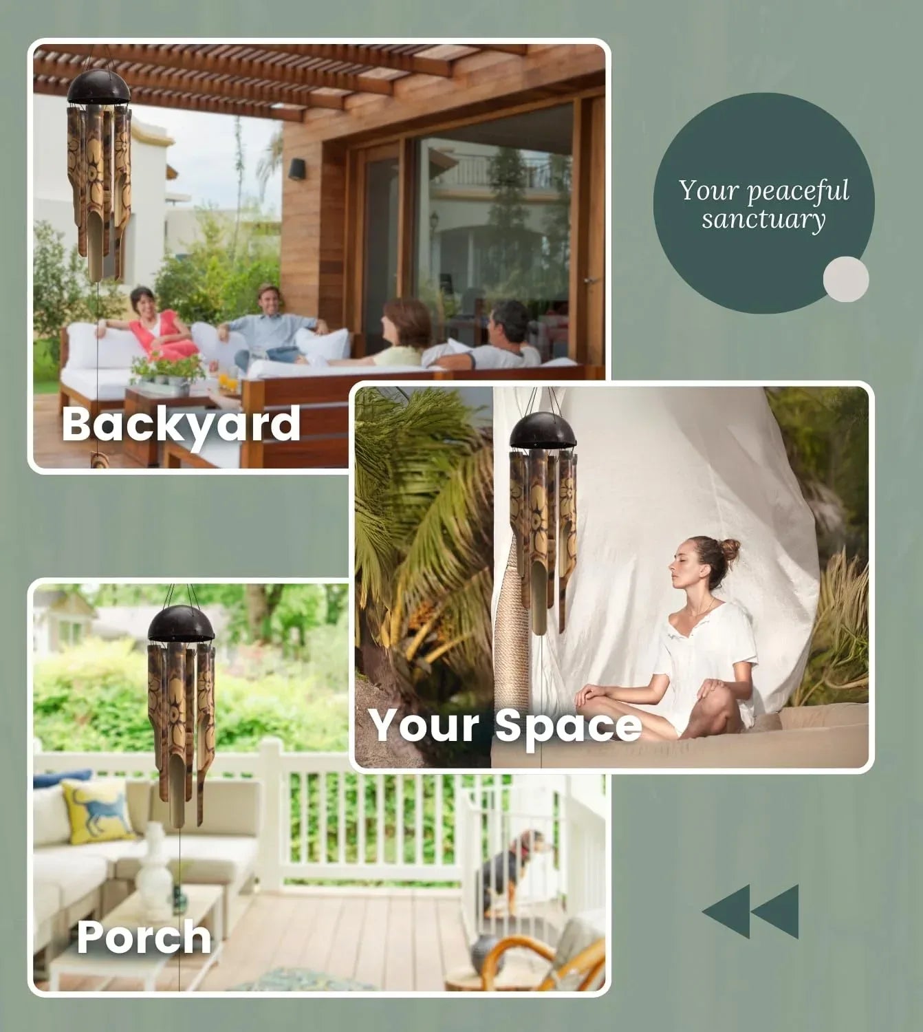 Rustic Bamboo Wind Chimes - Outside Outdoor Wooden Windchimes, Medium, Floral Burned Design with Coconut Crown, Handcrafted with Calming Deep Tones, Home Decor Ideal Gift for Him & Her - Handmade Lifestyle Shop