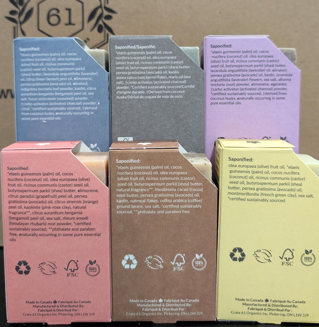 Crate 61 Organics, Handmade in Canada, Plant Based Cold Process Natural Bar Soap, With Premium Essential Oils, Dry Skin, Pack of 6 (For Him) - Handmade Lifestyle Shop