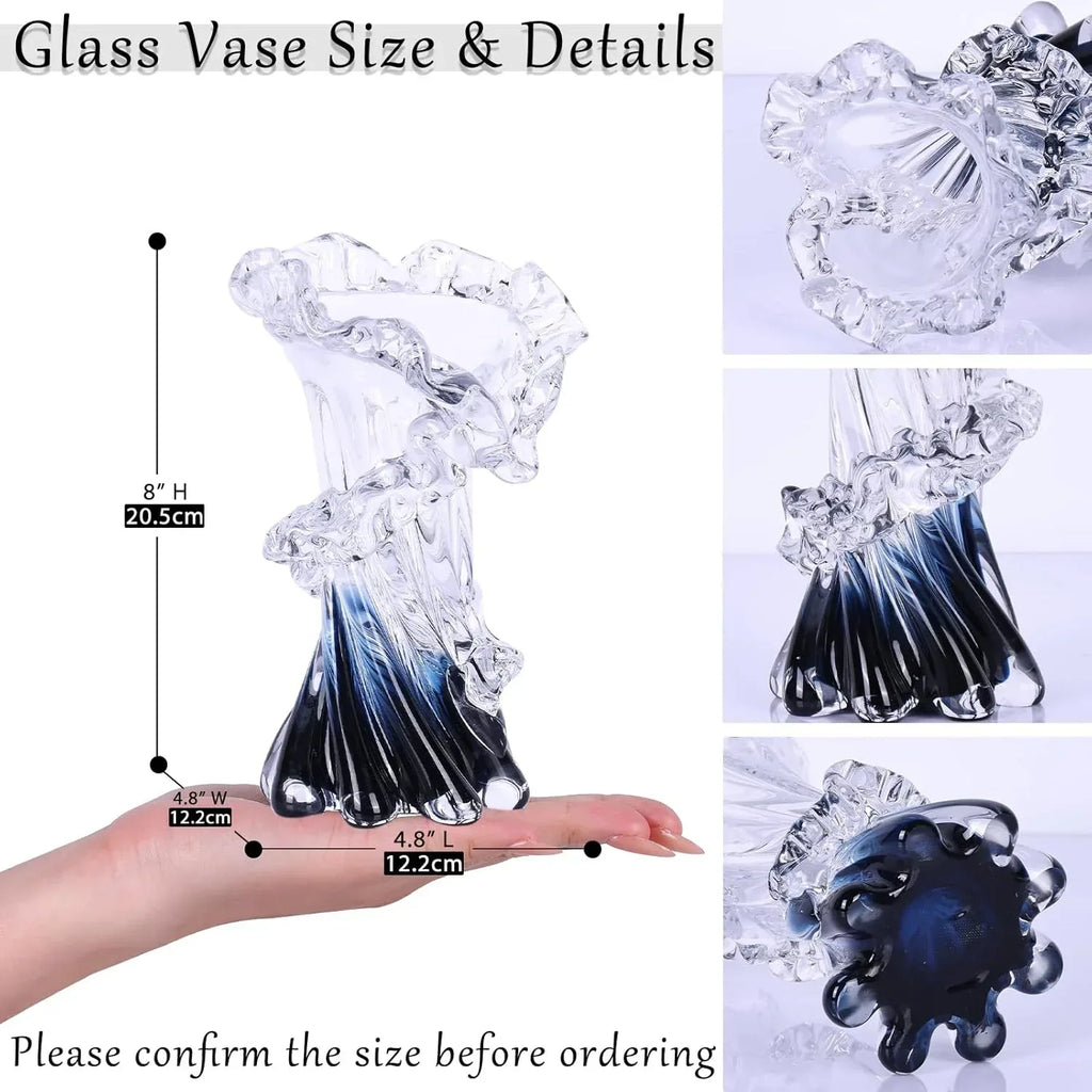 Hand Blown Blue Glass Vase, Unique Art Beautiful Ocean Glass Vase for Home Centerpiece, Coffee Table, Living Room, Office Decor - 8" H - Handmade Lifestyle Shop