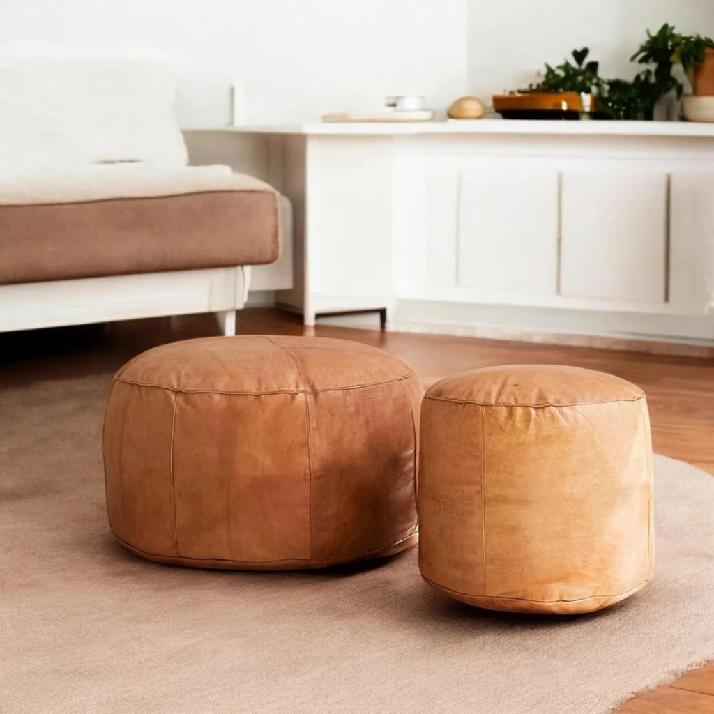 Handmade Moroccan Round Leather Pouf – Delivered Unstuffed – Ottoman, Footstool, Footrest, Hassock, Floor Cushion – Versatile Artisan Accent (Tan, 12"×12"×12" in)