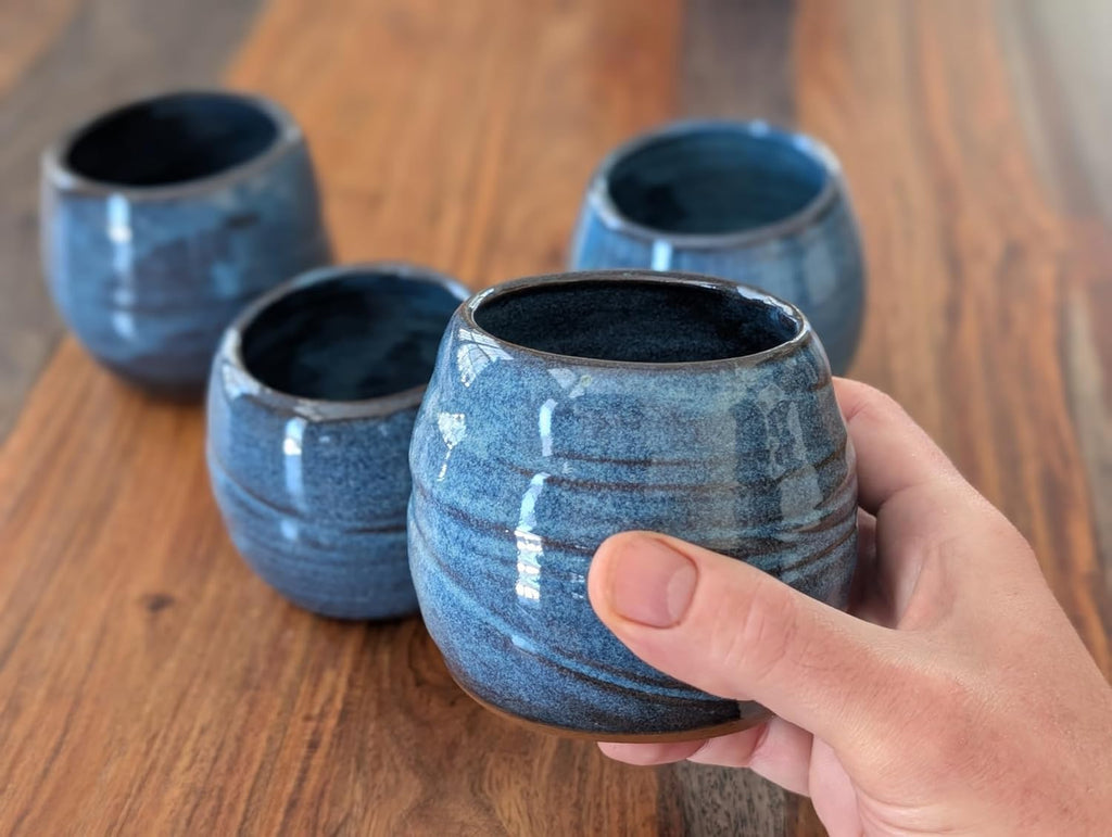 Hand Thrown Pottery Stemless Wine Glass in Slate Blue Handmade in North Carolina