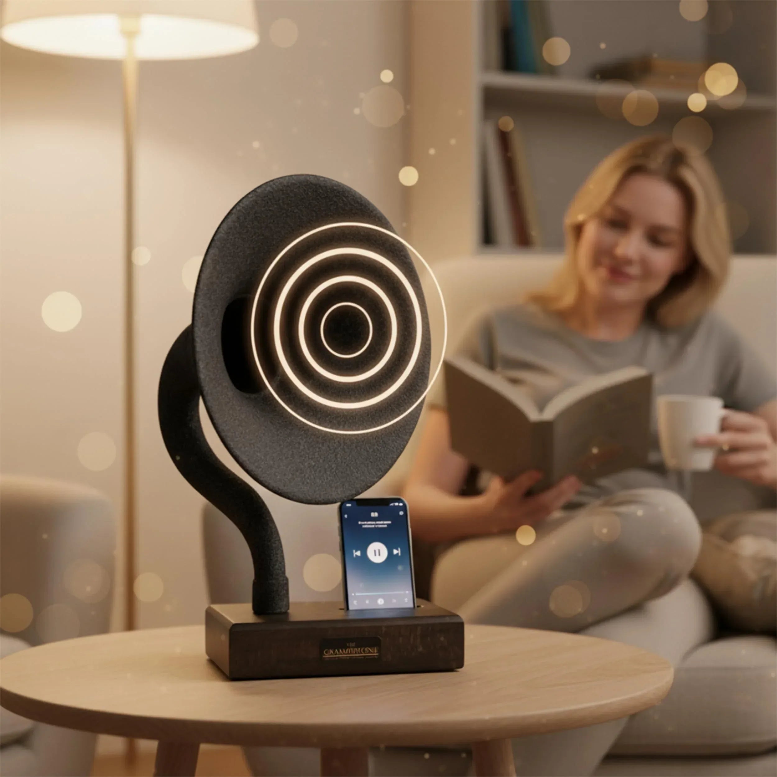 Handmade Acoustic Phone Speaker, Gramophone Phone Amplifier, Vintage Passive Speaker for Home Decor, Office Furniture Gift, Unique Handmade Smart Phone Dock - 17" Large - Walnut Wood & Black Horn - Handmade Lifestyle Shop