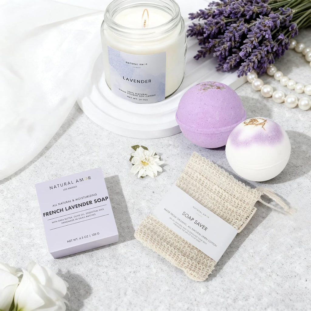 Natural Amor Handmade Spa Gift Set 6 pcs– Includes Citrus Bath Bomb, Lavender Hand Cream, Soap, Bath Salt, Candle – Relaxing Self-Care Kit for Women