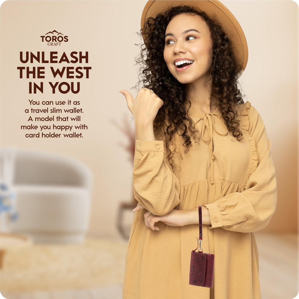 Toros Craft Handmade Wristlet Wallets for Women, Western Floral Leather Small Credit Card Holder with Zipper, Minimalist & Cute Coin Pouch, Genuine Leather, Dark Brown