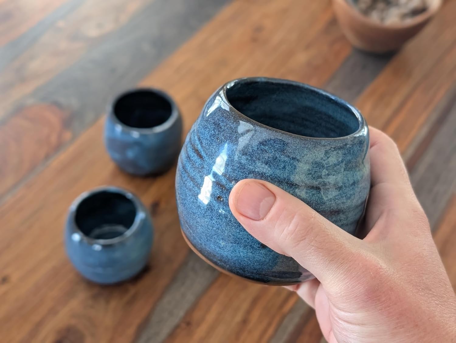 Hand Thrown Pottery Stemless Wine Glass in Slate Blue Handmade in North Carolina