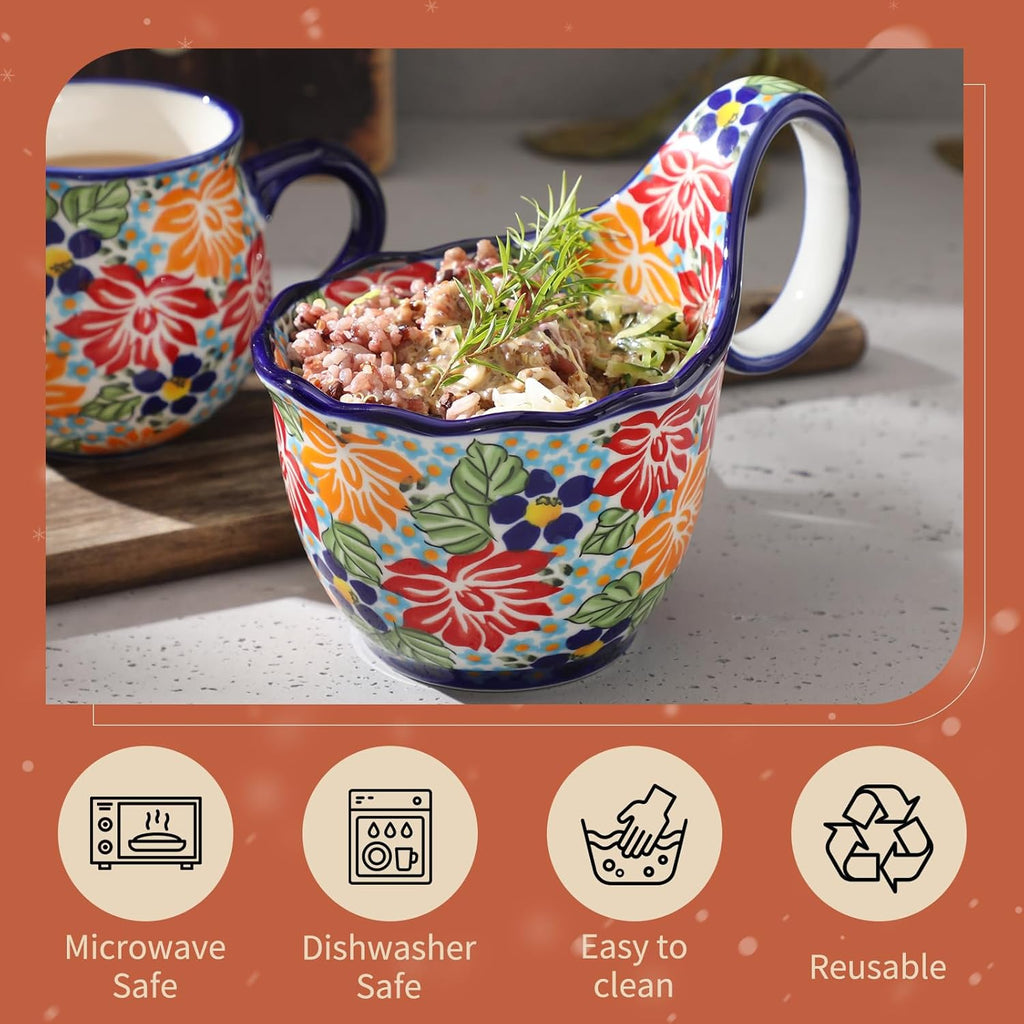 ALMA Handpainted Soup Bowl with Handle, 18.6oz Ceramic Cereal Bowl, Microwave &Dishwasher Safe,Loop Handle Bowl Great for Soup, Chili, Stew, Ice cream