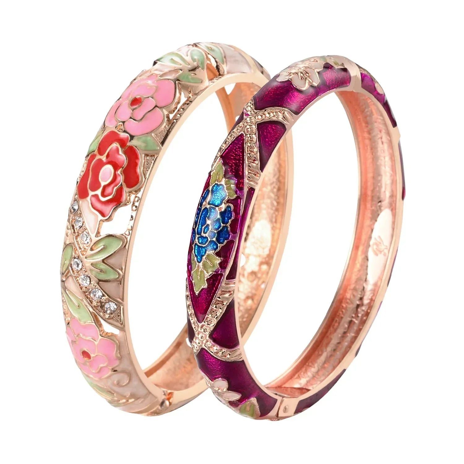UJOY Vintage Jewelry Cloisonne Handcrafted Enameled Gorgeous Rhinestone Rose Hinged Cuff Bracelet Bangles Gifts 88A10 - Handmade Lifestyle Shop