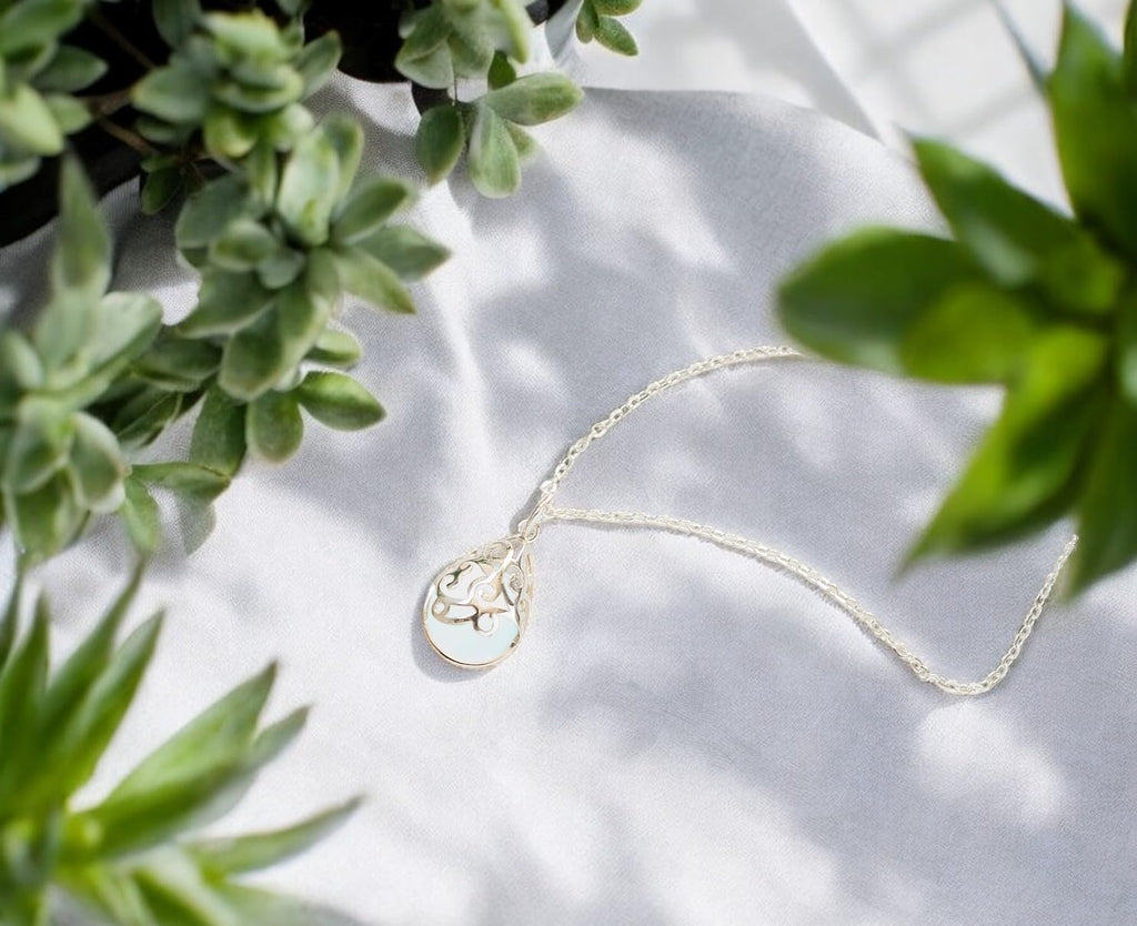 Bottled Up Designs Handmade Filigree Teardrop Necklace, Recycled Antique Glass, Sterling Silver, Eco Friendly, Made in USA, Birthday Gifts, Mothers Day, Women, Anniversary