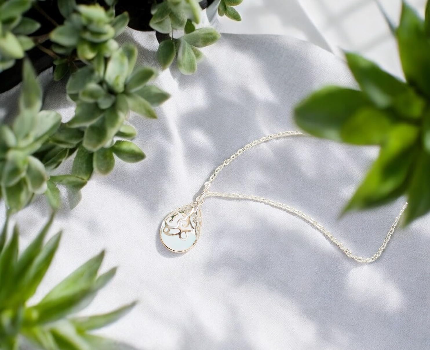 Bottled Up Designs Handmade Filigree Teardrop Necklace, Recycled Antique Glass, Sterling Silver, Eco Friendly, Made in USA, Birthday Gifts, Mothers Day, Women, Anniversary