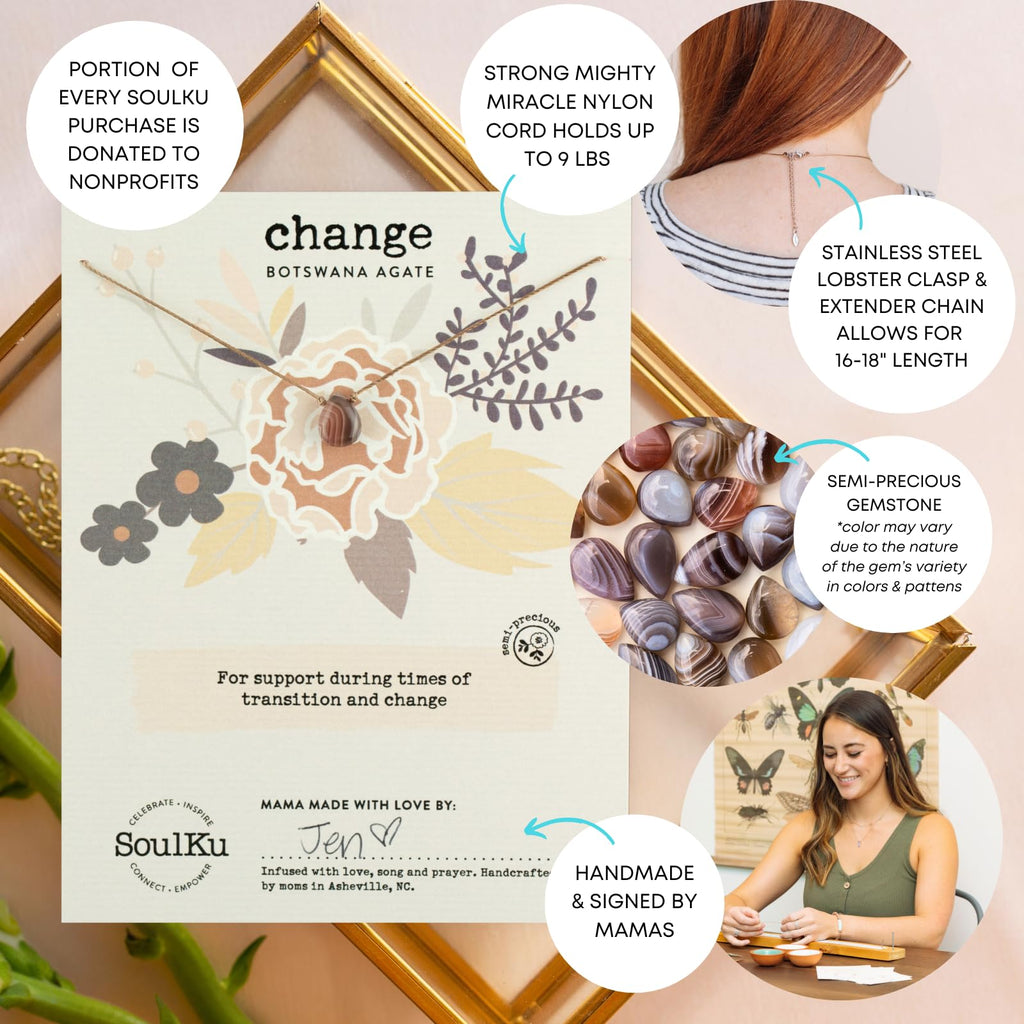 SoulKu Handcrafted Necklace, Empowerment Jewelry With Healing Crystal, Inspirational Jewelry For Women, Mom & Sister Gifts, 2" Extender With Lobster Clasp, 16" Nylon Cord