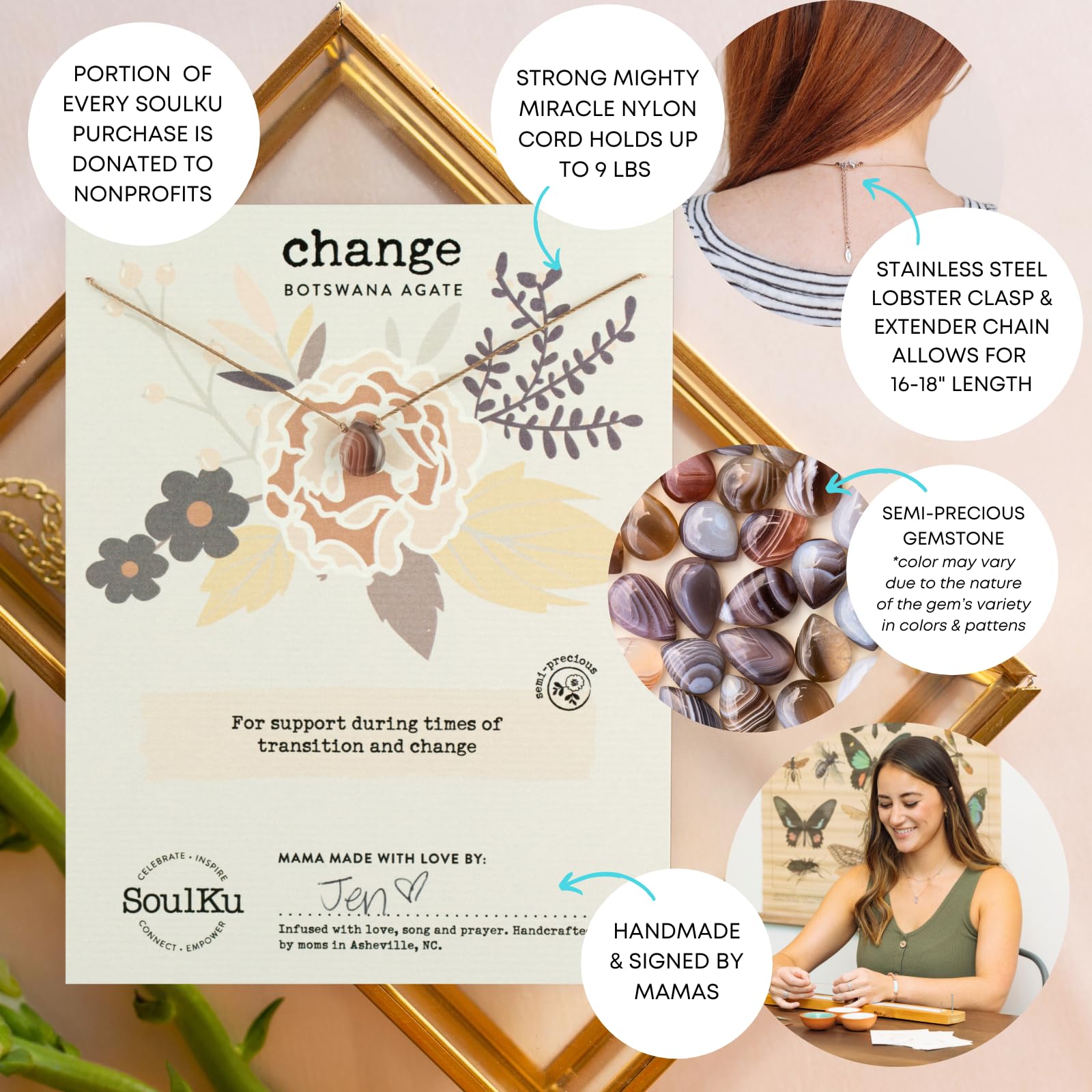 SoulKu Handcrafted Necklace, Empowerment Jewelry With Healing Crystal, Inspirational Jewelry For Women, Mom & Sister Gifts, 2" Extender With Lobster Clasp, 16" Nylon Cord