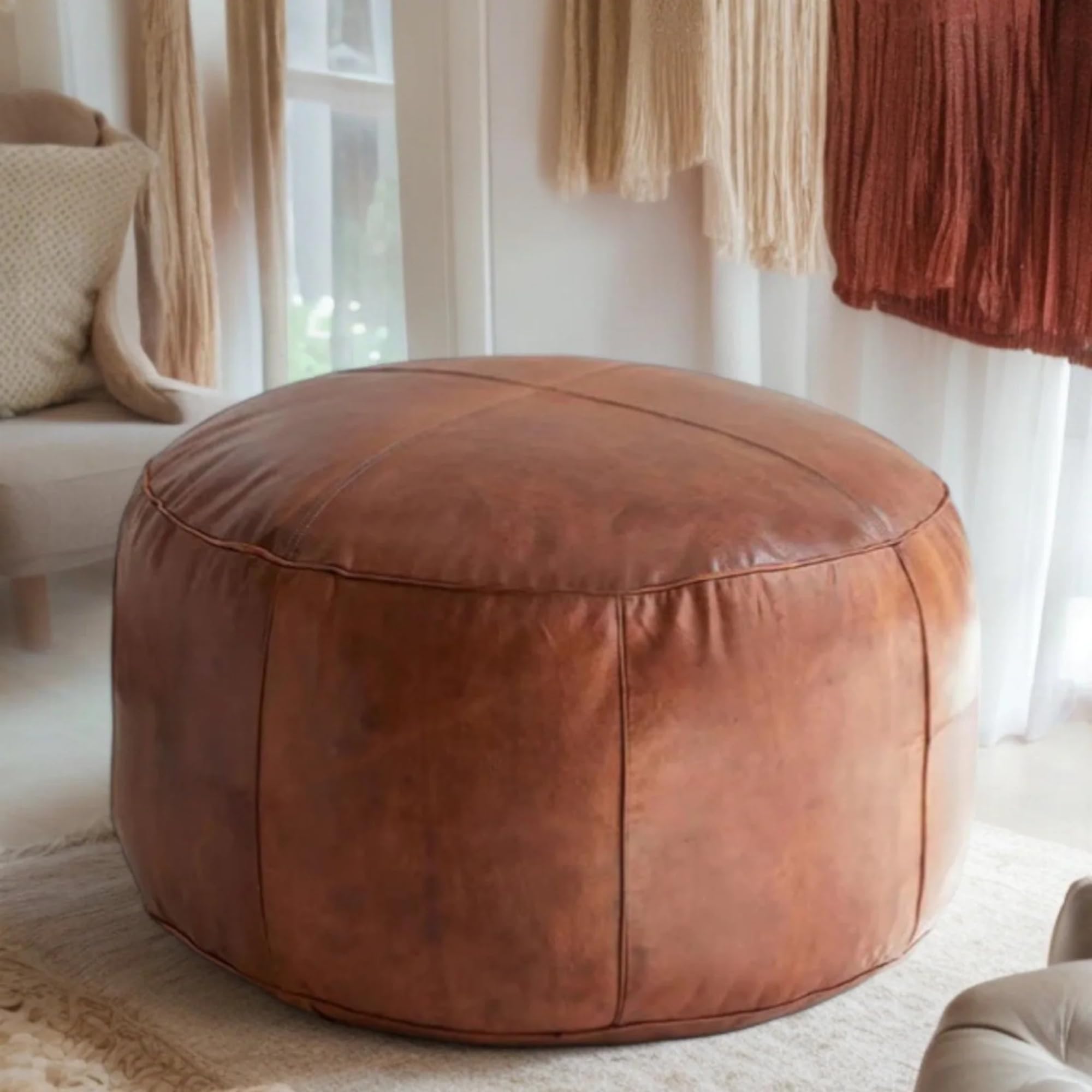 Handmade Moroccan Round Leather Pouf – Delivered Unstuffed – Ottoman, Footstool, Footrest, Hassock, Floor Cushion – Versatile Artisan Accent (Tan, 12"×12"×12" in)