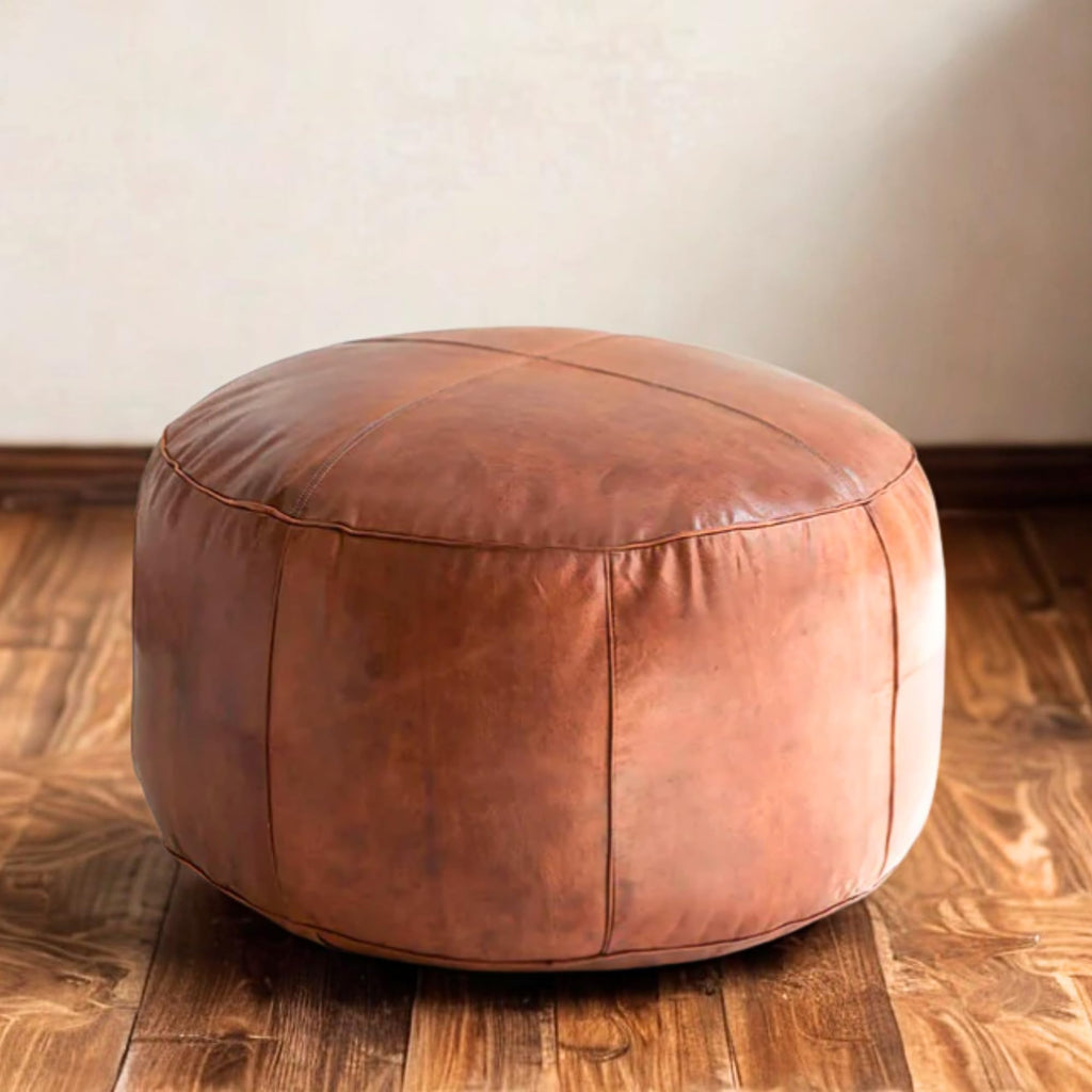 Handmade Moroccan Round Leather Pouf – Delivered Unstuffed – Ottoman, Footstool, Footrest, Hassock, Floor Cushion – Versatile Artisan Accent (Tan, 12"×12"×12" in)