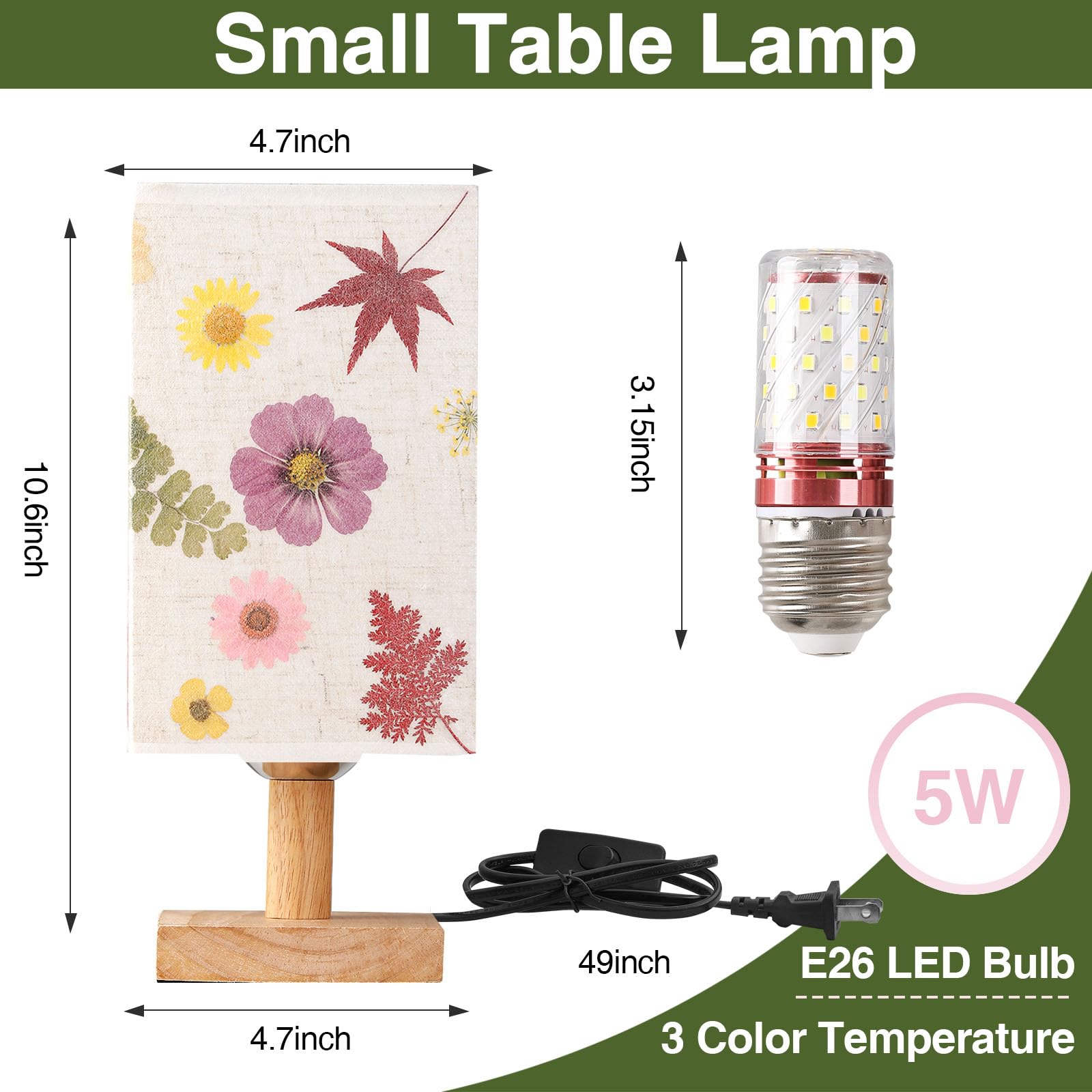 Dried Flowers Small Table Lamp 5W LED 3-Color Bedside Lamp Pressed Flowers Lampshade with Wood Base for Bedroom Living Room Desk Nursery
